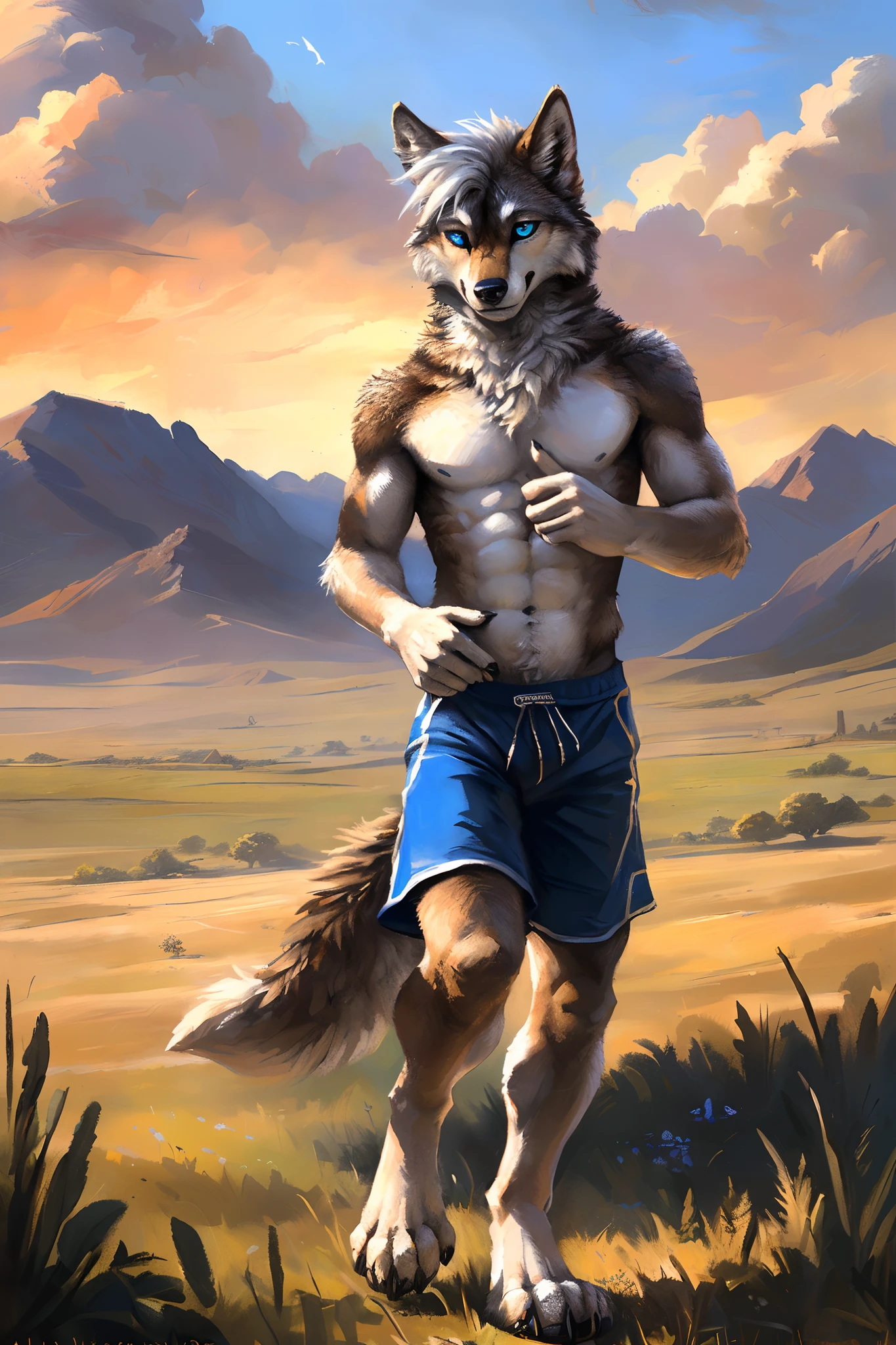 ((Solo)), male people, anthro wolf, (Multi-colored fur, White-brown:1.3,White tail pointed), ((Wolf face, White hair, Big eyes, White eyelids, Blue pupil, Slim:1.2) (Tough, Calm expression:1.2)), Abs, Slim, pinging)), (Correct anatomy), (Work shorts:1.1), (Contour bone:1.2), The upper body is naked, (detailed outfits),A big tail,Feet,(Realistic fur, Detailed fur texture, labeled:1.3)), (Natural lighting), Photorealistic, Hyperrealistic, ultradetailed, by Kenket,Endless grasslands,No artificiality,erect through,Running on