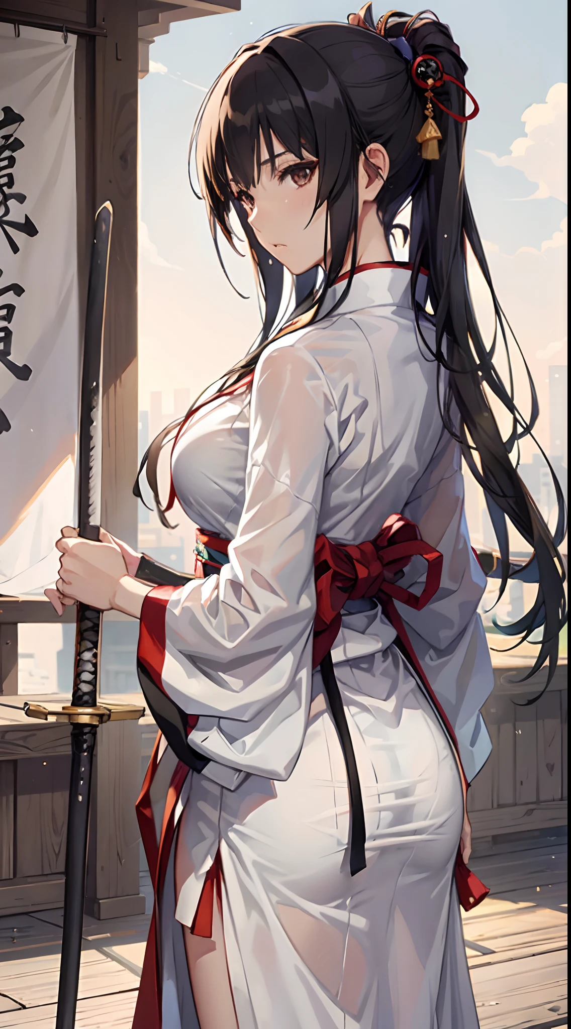 ((slanted eye)),(A MILF),(((maturefemale,adult  woman))),Solo,masutepiece,top-quality, ultra-definition, max resolution, A highly detailed, ((White Doshi,Black Hakama,KENDOU)),A Japanese style,dojo,Beautiful black hair、Black eyes,Tying hair,Holding a sword,Swinging a wooden sword,Sweating,Front view