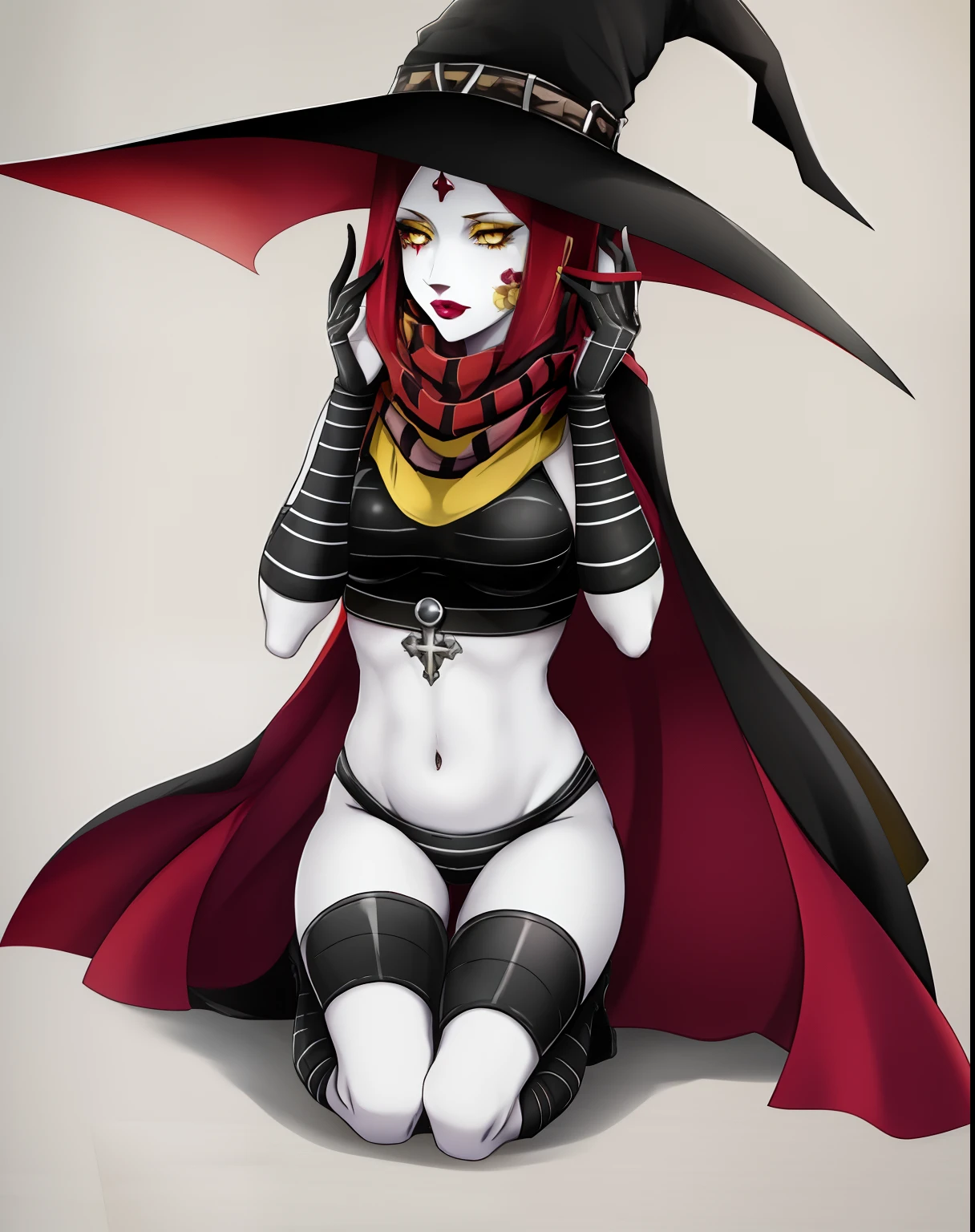 Scathach, floating, kneeling, hands on legs, navel, yellow eyes, red lipstick, grey skin, red rose tattoo on face, pale skin, striped crop top, striped fingerless gloves, striped underwear, jewelry ,large witch hat, cape,colored scarf,