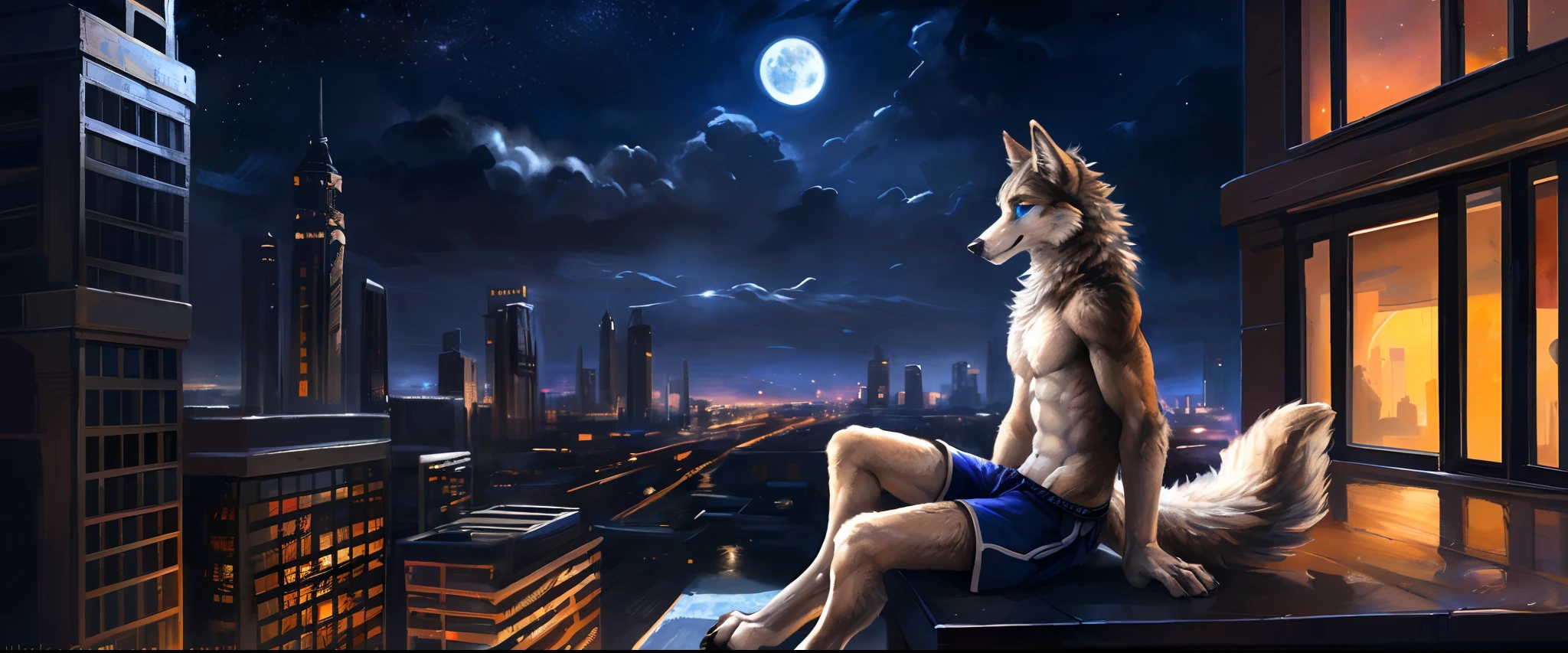 ((Solo)), male people, anthro wolf, (Multi-colored fur, White-brown:1.3, White tail pointed), ((Wolf face, White hair, Big eyes, White eyelids, Blue pupil, Slim:1.2) (Tough, Calm expression:1.2)), Abs, Slim, pinging)), (Correct anatomy), (Work shorts:1.1), (Contour bone:1.2), The upper body is naked, (detailed outfits),A big tail,Feet,Long legs,(Realistic fur, Detailed fur texture, labeled:1.3)), (Natural lighting), Photorealistic, Hyperrealistic, ultradetailed, by Kenket,In the modern city,Roof roof,the night,Sit alone,Look at the full moon,It was dark,Starry