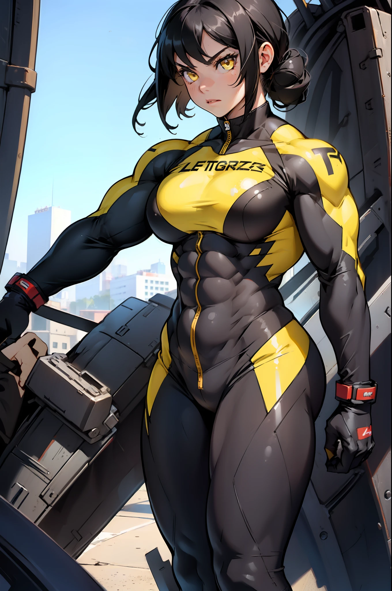 (((((((1 girl muscular))))))) angry yellow eyes black hair pale skin thick thighs (pilot suit) bodysuit solo standing shiny skin
