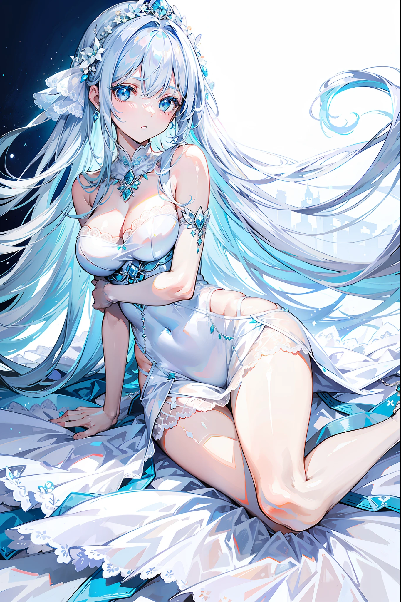 Long light blue and white hair,A silver necklace that shines like a star,Delicate makeup and glossy face,Slim and smooth legs,is a sweet girl,white wedding gown,Lace,