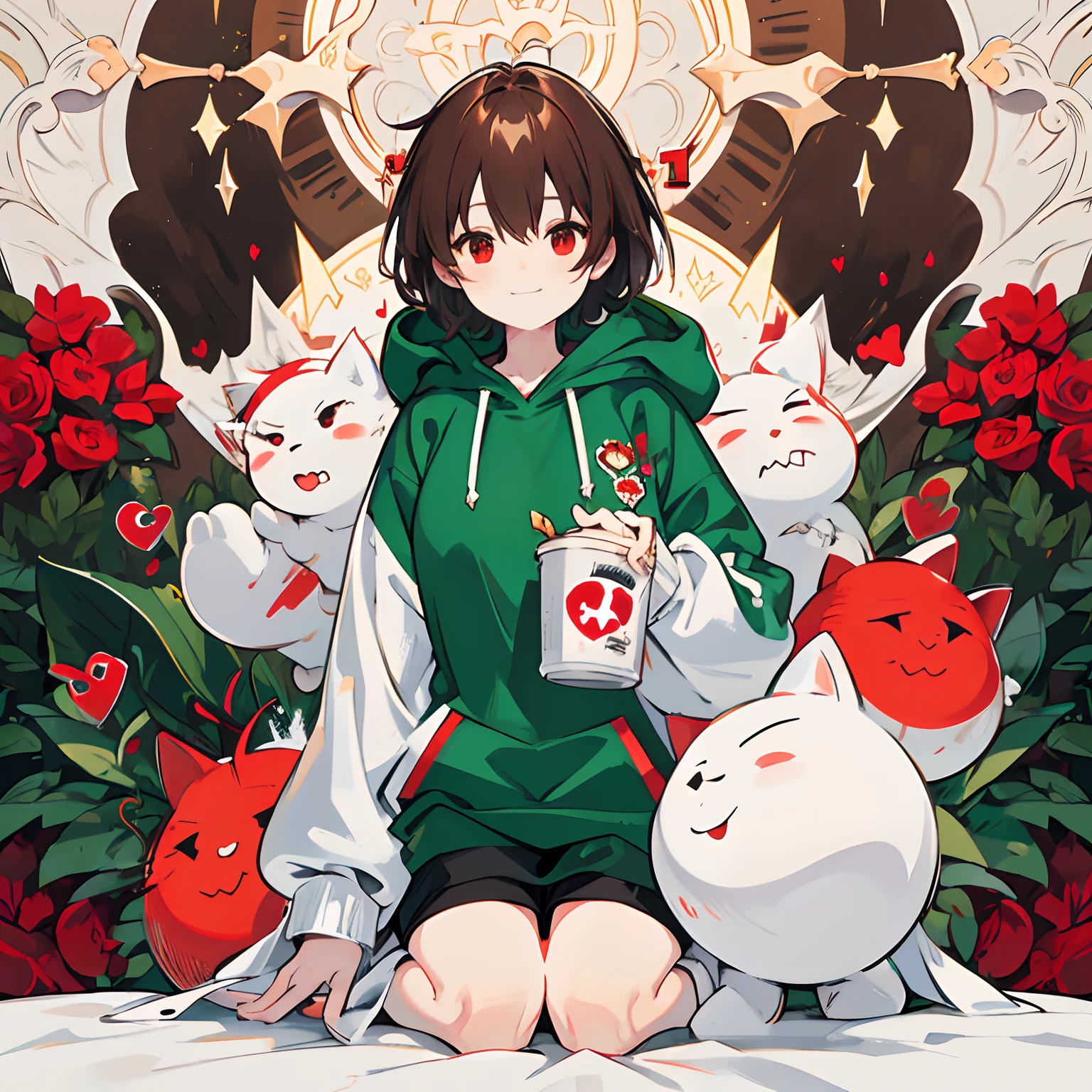 undertale，chara，solo person，Lone wolf，shadowy，Grinning，red - eyed，Sick，morden，Cold-blooded killer，There are large red round spots on both cheeks，Standing in the shadows，Green hood，With a hood，Green sweater，brown shorts，daggers，stocklings，Full body standing painting，with short brown hair，Be red in the face，Hand repair，the detail，k hd，Gold love heart necklace，Close to the original，illustration，CG，anime big breast，quadratic element（Optimal image quality，tmasterpiece，sexual appetite）