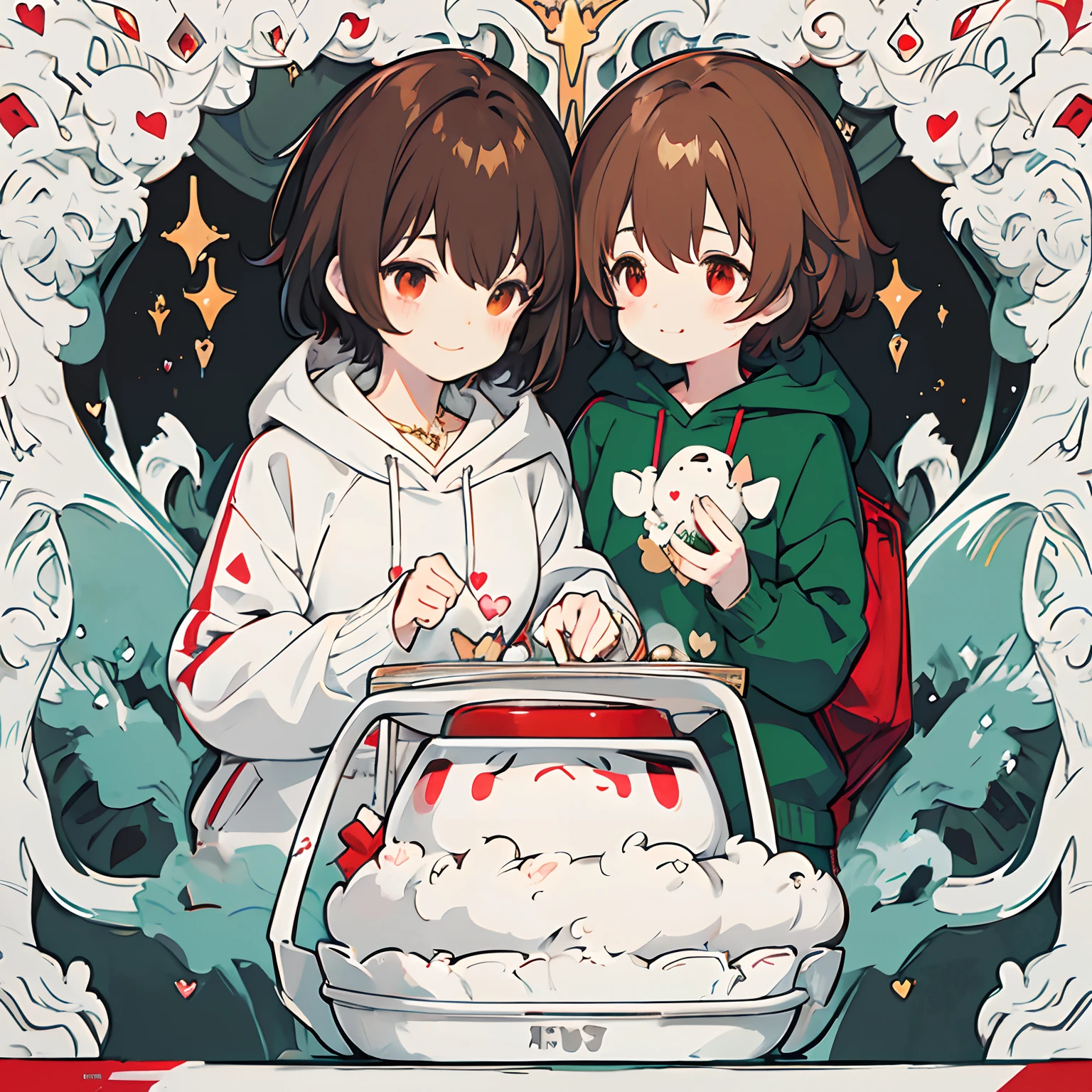 undertale,chara,solo person,Lone wolf,shadowy,Grinning,red - eyed,Sick,morden,Cold-blooded killer,Chest leakage,Rapist,There are large red round spots on both cheeks,Standing in the shadows,Green hood,With a hood,Green sweater,brown shorts,daggers,stocklings,Full body standing painting,with short brown hair,Be red in the face,Hand repair,the detail,k hd,Gold love heart necklace,Close to the original,illustration,CG,anime big breast,quadratic element(Optimal image quality,tmasterpiece,sexual appetite)