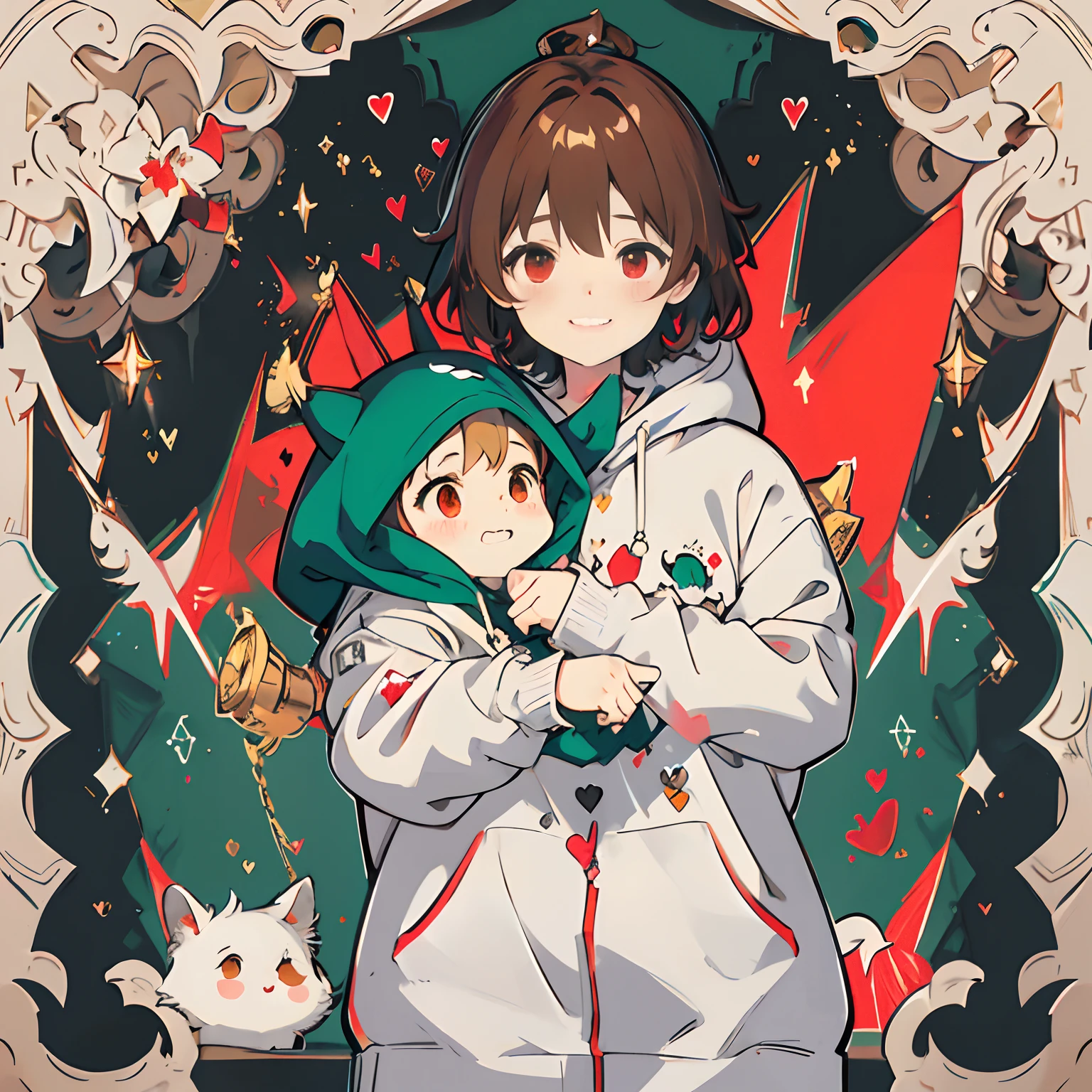 undertale,chara,solo person,Lone wolf,shadowy,Grinning,red - eyed,Sick,morden,Cold-blooded killer,Chest leakage,Rapist,There are large red round spots on both cheeks,Standing in the shadows,Green hood,With a hood,Green sweater,brown shorts,daggers,stocklings,Full body standing painting,with short brown hair,Be red in the face,Hand repair,the detail,k hd,Gold love heart necklace,Close to the original,illustration,CG,anime big breast,quadratic element(Optimal image quality,tmasterpiece,sexual appetite)