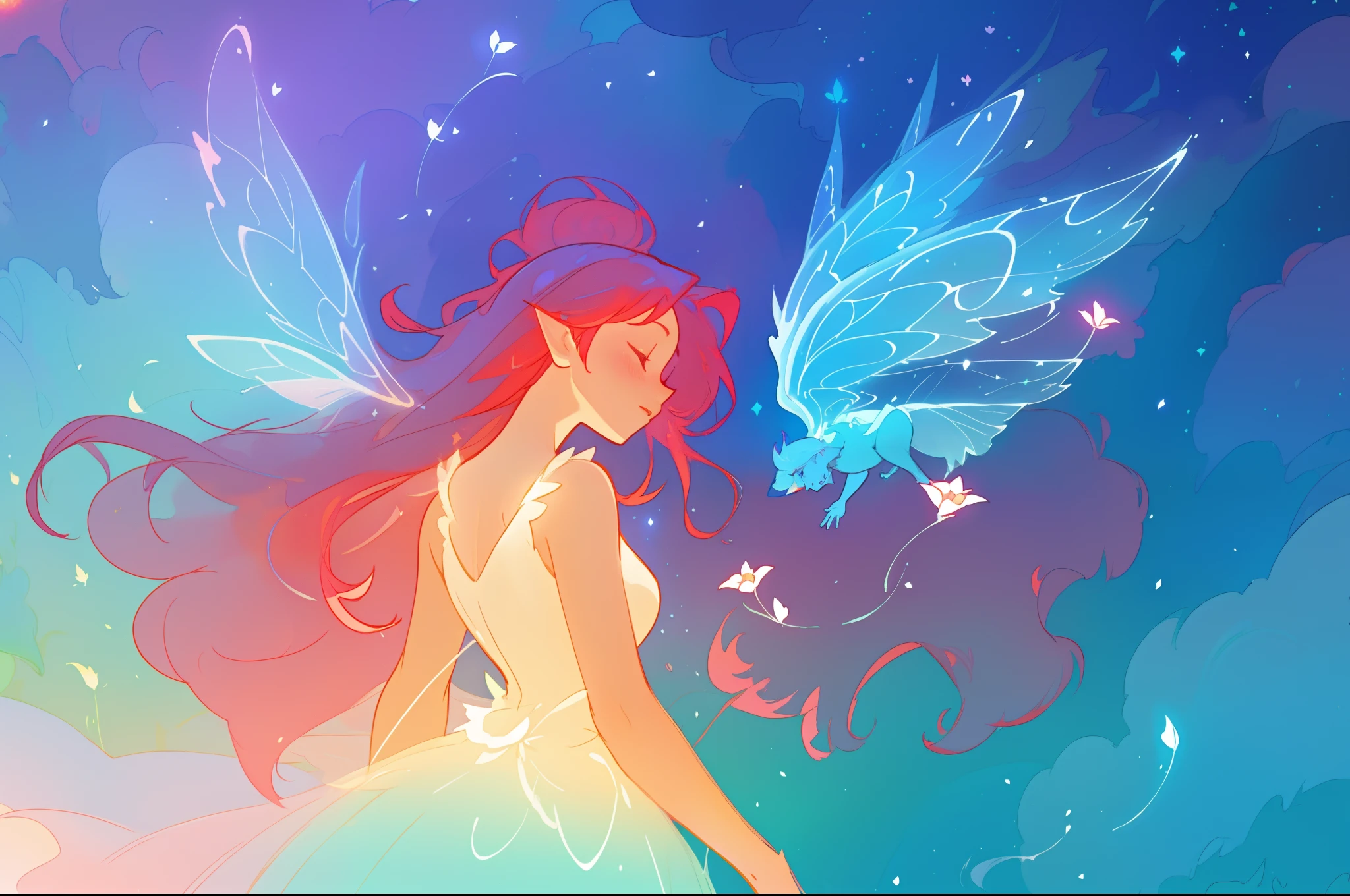 beautiful girl in flowing white dress, (glowing fairy wings), glowing flowing ballgown, glowing red hair, sparkling fairy wings, watercolor illustration, flowers and colorful plants, inspired by Glen Keane, inspired by Lois van Baarle, disney art style, by Lois van Baarle, glowing aura around her, by Glen Keane, jen bartel, glowing lights! digital painting, flowing glowing hair, glowing flowing hair, beautiful digital illustration, fantasia otherworldly landscape plants flowers, beautiful, masterpiece, best quality, anime disney style