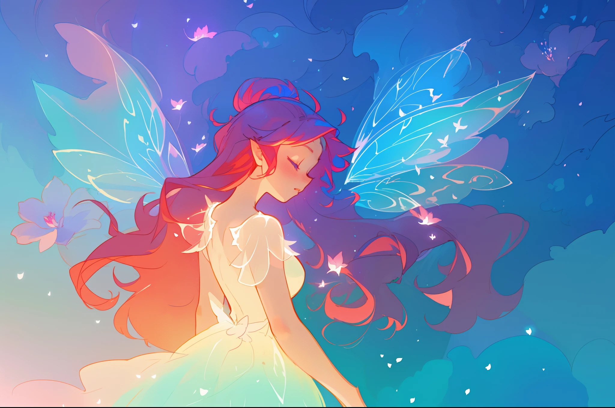 beautiful girl in flowing white dress, (glowing fairy wings), glowing flowing ballgown, glowing red hair, sparkling fairy wings, watercolor illustration, flowers and colorful plants, inspired by Glen Keane, inspired by Lois van Baarle, disney art style, by Lois van Baarle, glowing aura around her, by Glen Keane, jen bartel, glowing lights! digital painting, flowing glowing hair, glowing flowing hair, beautiful digital illustration, fantasia otherworldly landscape plants flowers, beautiful, masterpiece, best quality, anime disney style