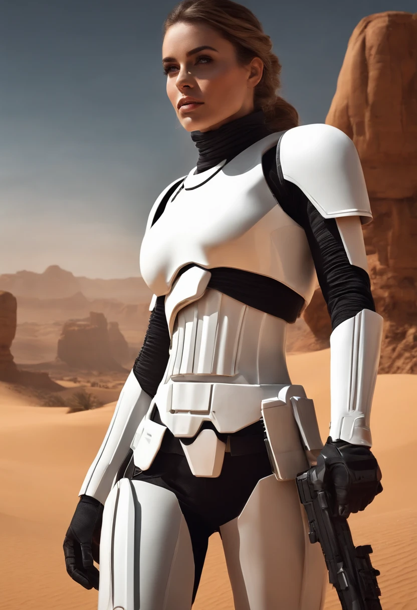 Close-up of a female Imperial stormtrooper against the backdrop of the desert, based on concept art by Magalie Villeneuve, trending on cg society, AB """Star Wars"": The Old Republic", influenced by Ralph McQuarrie's concept art. The stormtrooper has a strong and confident expression on his face, emphasizing detailed facial features, such as beautiful detailed eyes, detailed lips, and extremely detailed eyes and face. She is dressed in the traditional white armor of a stormtrooper, With a sleek and futuristic design. In the background is a lifeless desert. A work of art is visualized in the environment, Combining illustration elements, 3D Rendering, and photography, The result is a visually stunning and immersive piece. The colors and lighting are bright and dynamic, Enhancing the overall atmosphere of the artwork. Image quality is paramount, With the best quality, 4K or 8K resolution, hight resolution, And a masterpiece:1.2, which makes it a true masterpiece in terms of quality and detail.