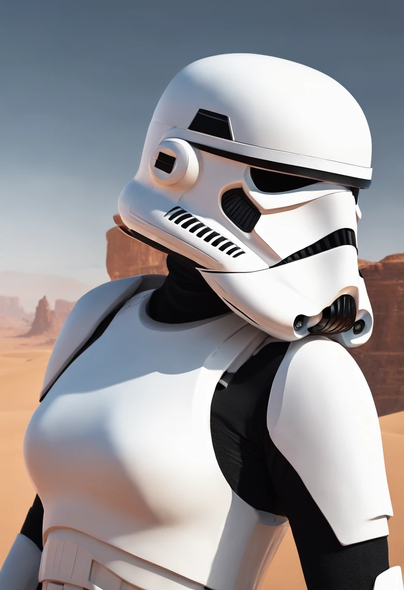 Close-up of a female Imperial stormtrooper against the backdrop of the desert, based on concept art by Magalie Villeneuve, trending on cg society, AB """Star Wars"": The Old Republic", influenced by Ralph McQuarrie's concept art. The stormtrooper has a strong and confident expression on his face, emphasizing detailed facial features, such as beautiful detailed eyes, detailed lips, and extremely detailed eyes and face. She is dressed in the traditional white armor of a stormtrooper, With a sleek and futuristic design. In the background is a lifeless desert. A work of art is visualized in the environment, Combining illustration elements, 3D Rendering, and photography, The result is a visually stunning and immersive piece. The colors and lighting are bright and dynamic, Enhancing the overall atmosphere of the artwork. Image quality is paramount, With the best quality, 4K or 8K resolution, hight resolution, And a masterpiece:1.2, which makes it a true masterpiece in terms of quality and detail.