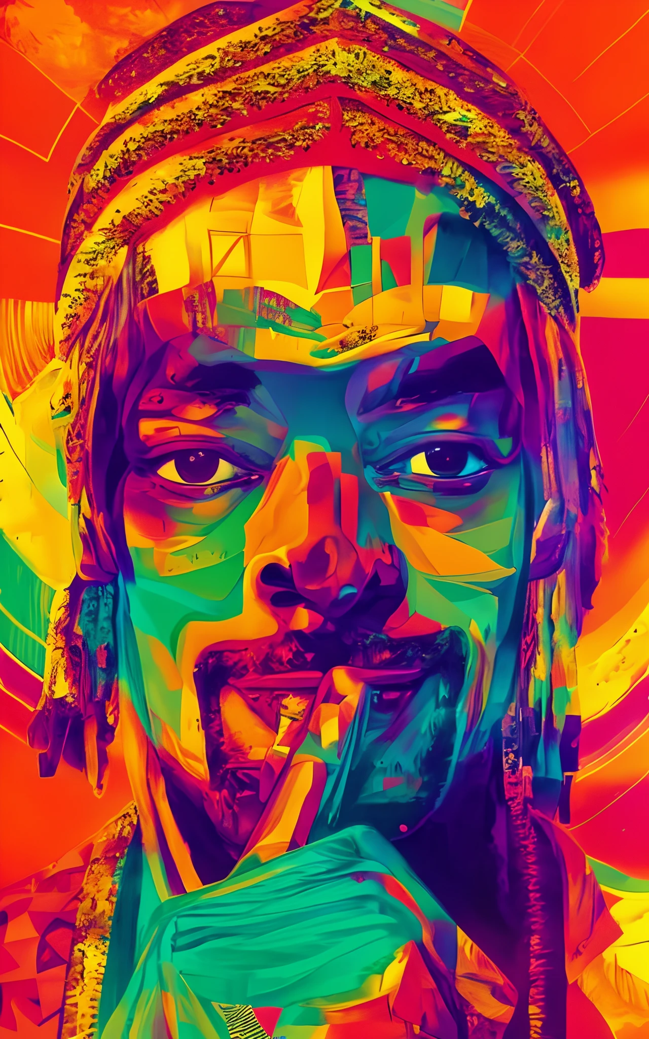 uma pintura de um homem com um rosto colorido e um colar de RAPPER, Retrato de Snoop Dogg Smile, arte colorida do filme, snooping dog, vibrant fan art, Snoop dogg, Snoop Dogg RAPPER, arte raggae, Snoop Dogg como RAPPER, psychedelic hip-hop, arte vibrante dos desenhos animados, Arte deslumbrante, hiper-realismo colorido, Retrato CMYK, psychedelic hip hop