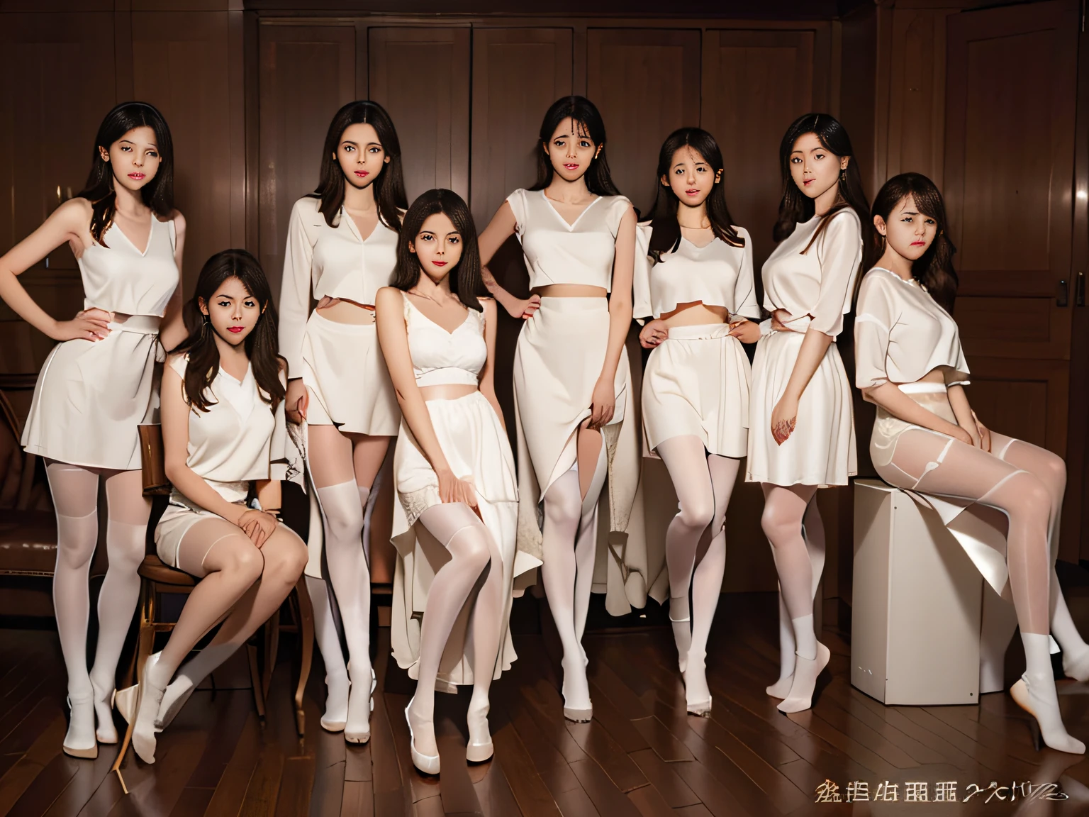 A group of female minions,White ass pantyhose,White stockings,Thick white pantyhose,Thick white dancing socks,without wearing shoes,huge tit,Cocked buttocks,Super detail,hyper HD,A high resolution,1080p,Anatomically correct,ccurate,Physical coordination,Photo portrait,slender thigh,Delicatemakeup,Best quality, Masterpiece, 超A high resolution, RAW photo, Beautiful and aesthetic,deepshadow, (Photorealistic:1.4), full-body composition, Striking perspective.Naked