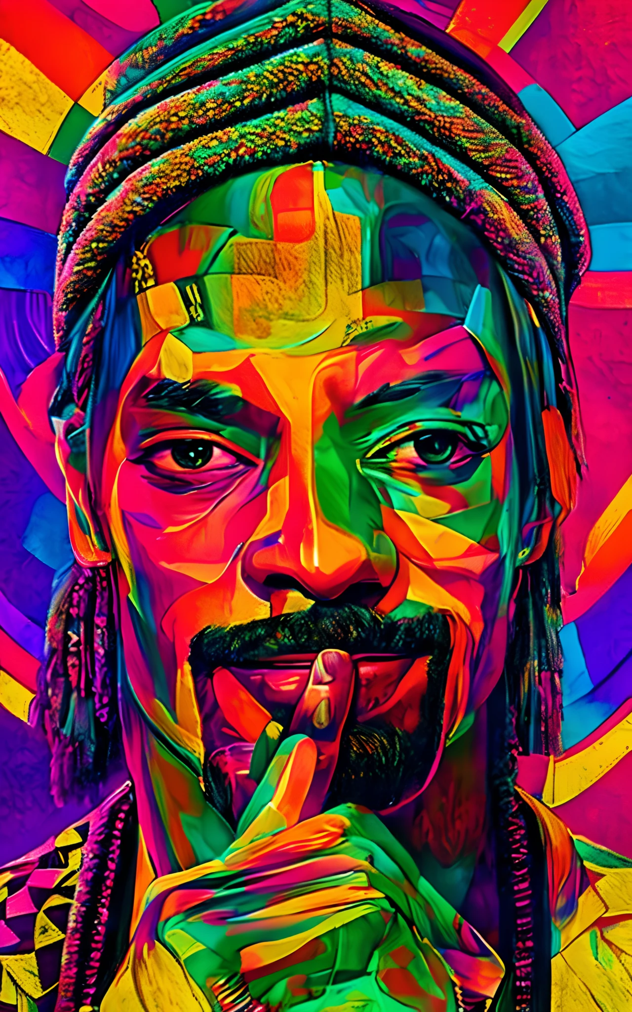 uma pintura de um homem com um rosto colorido e um colar de RAPPER, Retrato de Snoop Dogg, arte colorida , vibrant fan art, Snoop dogg, Snoop Dogg RAPPER, arte hip hop ,rap, Snoop Dogg como RAPPER, psychedelic hip-hop, arte vibrante dos desenhos animados, Arte deslumbrante, hiper-realismo colorido, Retrato CMYK, psychedelic hip hop ,256k