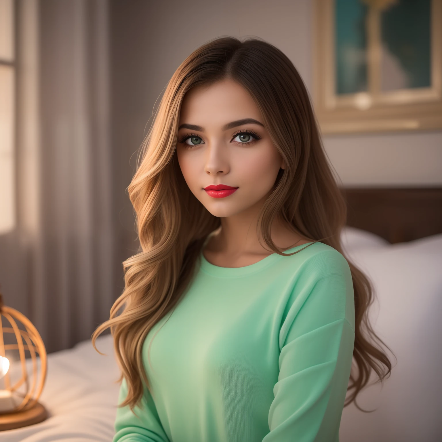 mulher jovem e bonita, luz do cabelo, that fall gently in waves up to the shoulders, medium stature, grandes quantidades, olhos de cor verde, pele clara, She's in her pajamas, she's in her bed, Cuidados com os cabelos antes de dormir, The environment is illuminated by lights of warm and pleasant colors, fazendo seu cabelo brilhar, His face is naturally serene, lips with red lipstick, Текстура 8K, Altamente detalhado, Realista, soft  Cinematic Light, HDR, Clear focus, tmasterpiece, fotorrealista, foto premiada, Canon EOS R5, 35 mm