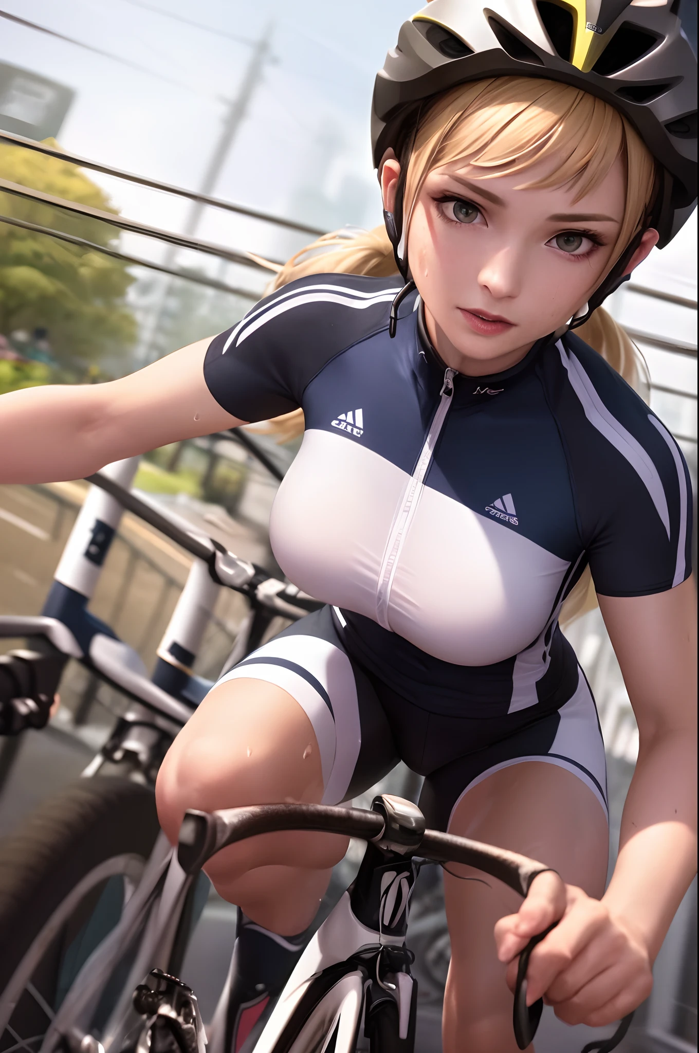 (Best Quality,8K,hight resolution,masuter piece:1.2),Ultra-detailed,Realistic:1.37,Portrait,Dynamic Angle,(Female Cyclist) ,age girl,small head,Cute,Sporty,Charming face,Detailed beauty face,Very realistic skin,Wet skin,Sweat,Large breasts,Narrow waist,nice legs ,Sporty,Cycling Venues ,Cinematic lighting,