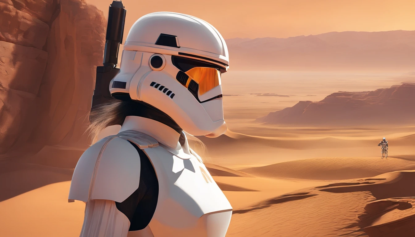 Close-up of a female Imperial stormtrooper against the backdrop of the desert, based on concept art by Magalie Villeneuve, trending on cg society, AB """Star Wars"": The Old Republic", influenced by Ralph McQuarrie's concept art. The stormtrooper has a strong and confident expression on his face, emphasizing detailed facial features, such as beautiful detailed eyes, detailed lips, and extremely detailed eyes and face. She is dressed in the traditional white armor of a stormtrooper, With a sleek and futuristic design. In the background is a lifeless desert. A work of art is visualized in the environment, Combining illustration elements, 3D Rendering, and photography, The result is a visually stunning and immersive piece. The colors and lighting are bright and dynamic, Enhancing the overall atmosphere of the artwork. Image quality is paramount, With the best quality, 4K or 8K resolution, hight resolution, And a masterpiece:1.2, which makes it a true masterpiece in terms of quality and detail.