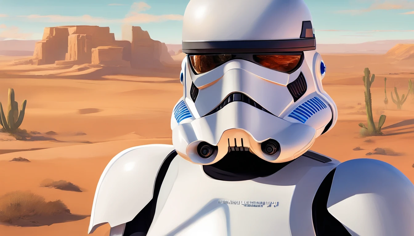 Close-up of a female Imperial stormtrooper against the backdrop of the desert, based on concept art by Magalie Villeneuve, trending on cg society, AB """Star Wars"": The Old Republic", influenced by Ralph McQuarrie's concept art. The stormtrooper has a strong and confident expression on his face, emphasizing detailed facial features, such as beautiful detailed eyes, detailed lips, and extremely detailed eyes and face. She is dressed in the traditional white armor of a stormtrooper, With a sleek and futuristic design. In the background is a lifeless desert. A work of art is visualized in the environment, Combining illustration elements, 3D Rendering, and photography, The result is a visually stunning and immersive piece. The colors and lighting are bright and dynamic, Enhancing the overall atmosphere of the artwork. Image quality is paramount, With the best quality, 4K or 8K resolution, hight resolution, And a masterpiece:1.2, which makes it a true masterpiece in terms of quality and detail.
