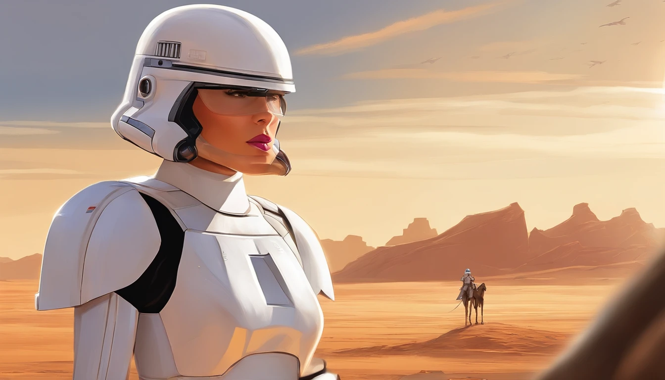 Close-up of a female Imperial stormtrooper against the backdrop of the desert, based on concept art by Magalie Villeneuve, trending on cg society, AB """Star Wars"": The Old Republic", influenced by Ralph McQuarrie's concept art. The stormtrooper has a strong and confident expression on his face, emphasizing detailed facial features, such as beautiful detailed eyes, detailed lips, and extremely detailed eyes and face. She is dressed in the traditional white armor of a stormtrooper, With a sleek and futuristic design. In the background is a lifeless desert. A work of art is visualized in the environment, Combining illustration elements, 3D Rendering, and photography, The result is a visually stunning and immersive piece. The colors and lighting are bright and dynamic, Enhancing the overall atmosphere of the artwork. Image quality is paramount, With the best quality, 4K or 8K resolution, hight resolution, And a masterpiece:1.2, which makes it a true masterpiece in terms of quality and detail.