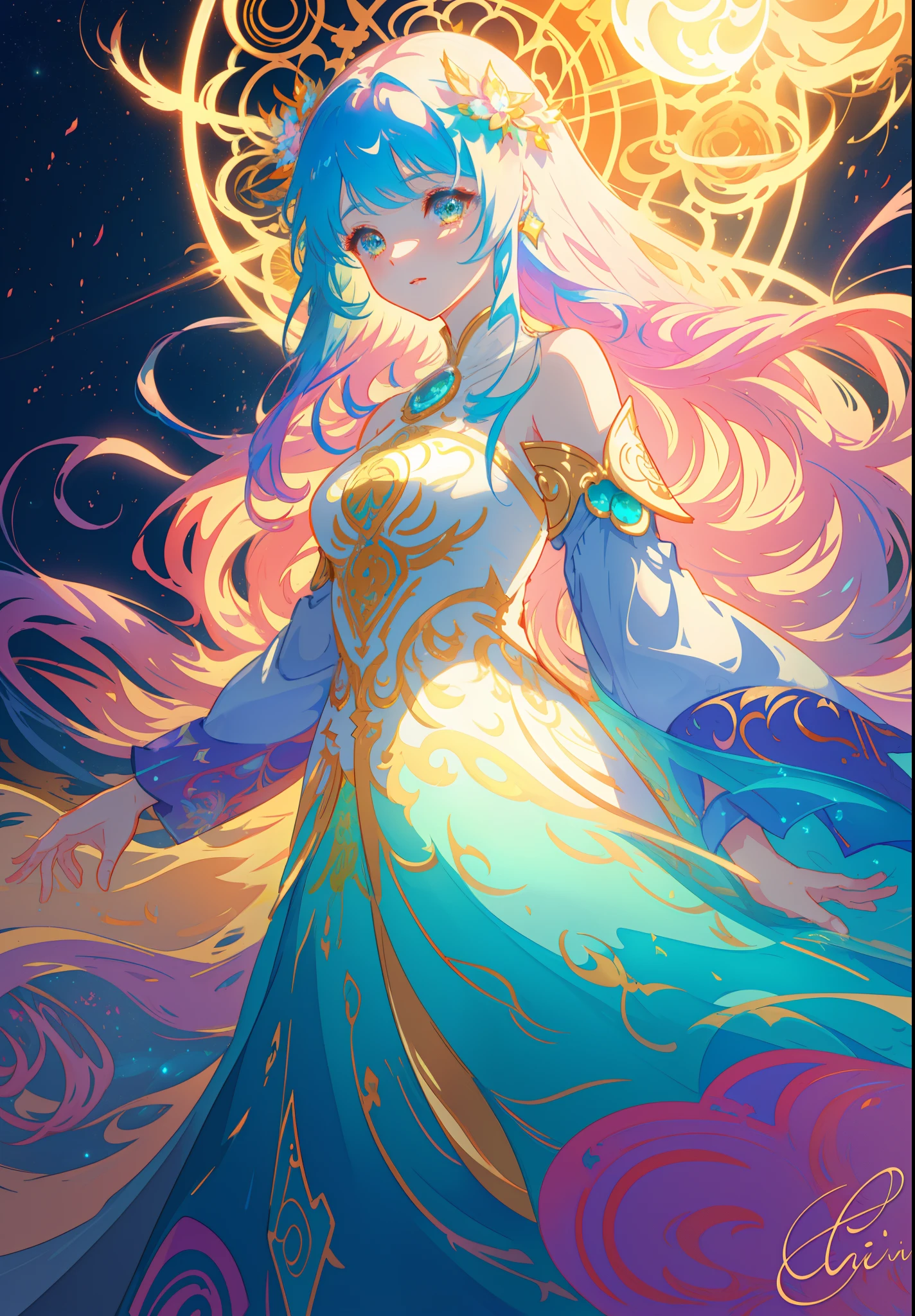 beautiful anime girl in an intricately designed layered ballgown, ((colorful)), flowing long sleeves, beautiful round face features, delicate face, young beautiful girl, flowing gown, inspired by Glen Keane, inspired by Lois van Baarle, disney art style, by Lois van Baarle, glowing aura around her, by Glen Keane, jen bartel, glowing lights! digital painting, flowing glowing hair, glowing flowing hair, beautiful digital illustration, fantasia background, whimsical, magical, fantasy, beautiful face, ((masterpiece, best quality)), intricate details, highly detailed, sharp focus, 8k resolution, sparkling detailed eyes, liquid watercolor