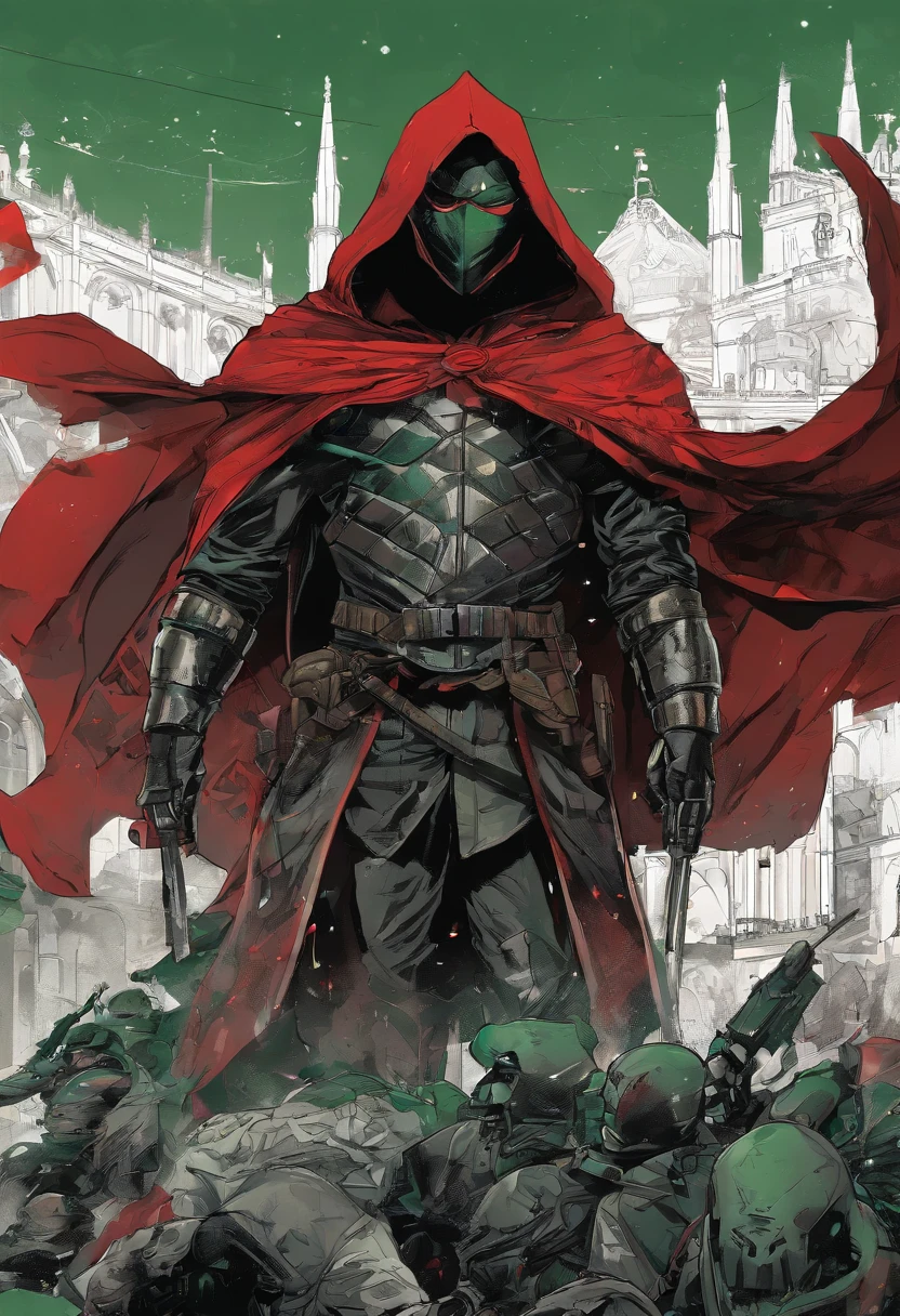 An highly detailed image of a Portuguese superhero dressed in a dark red and dark green armor suit, with a black cape and hood covering his face. He has a shield on his chest, with the quinas and castles of Portugal. He is on top of a red motorcycle, Lisbon, at night, surrounded by criminals and villains