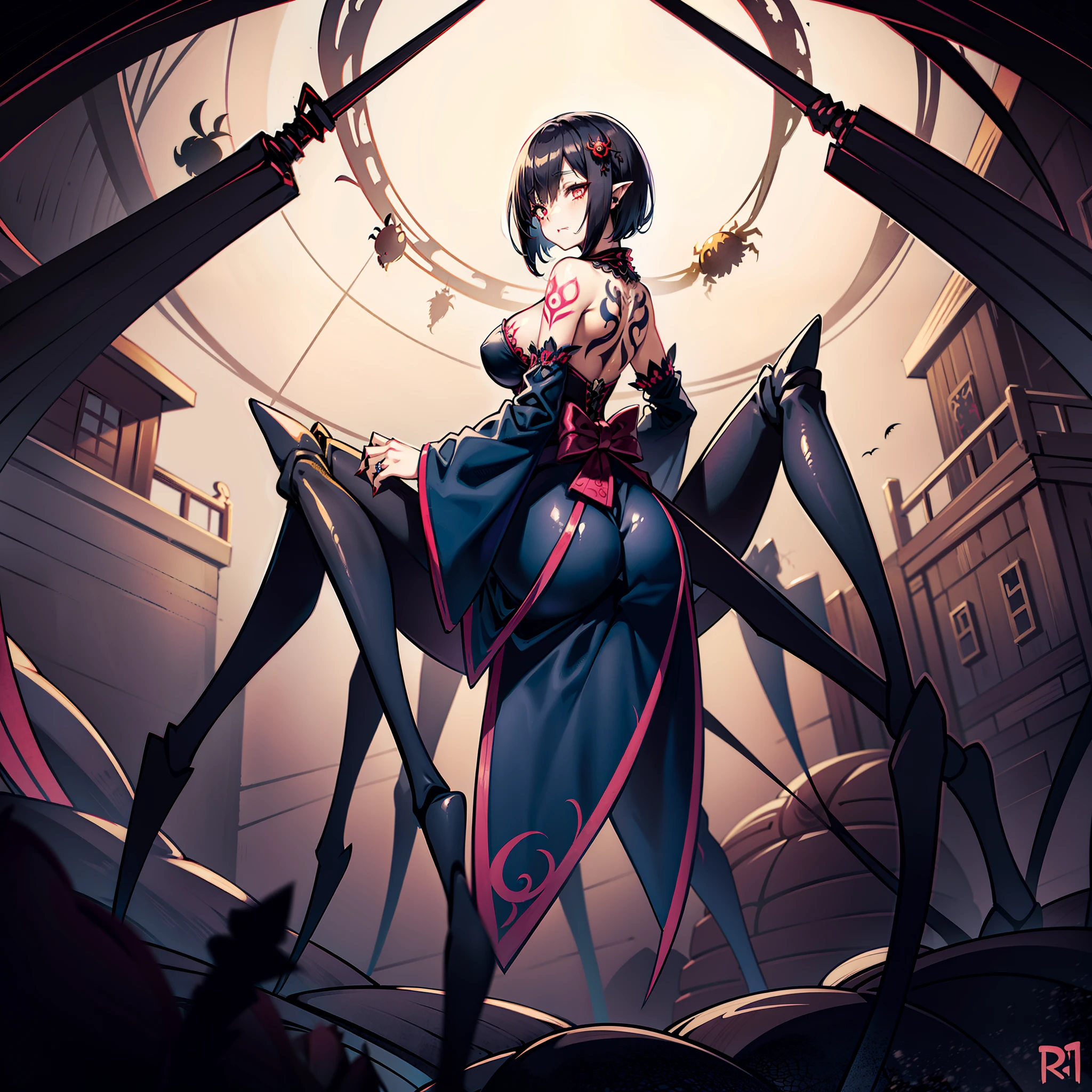 Beautiful girl fused with a spider. Girl in Japanese style gothic dress. ((Female Solo. 1.1)) . hiquality. Dark fantasy style illustration. she has short hair. ratex. Shining eyes. Spider legs extending from behind her. tarantula. Embroidery with a spider web pattern. Spider web tattoo. monstergirl. Dark indoor. Wooden house.