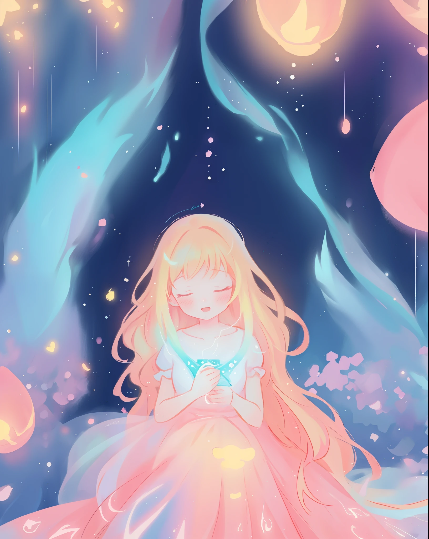 beautiful girl in flowing ballgown, inspired by Glen Keane, inspired by Lois van Baarle, disney art style, by Lois van Baarle, glowing aura around her, by Glen Keane, jen bartel, glowing lights! digital painting, flowing glowing hair, glowing flowing hair, beautiful digital illustration, fantasia background, beautiful, masterpiece, best quality, anime disney style
