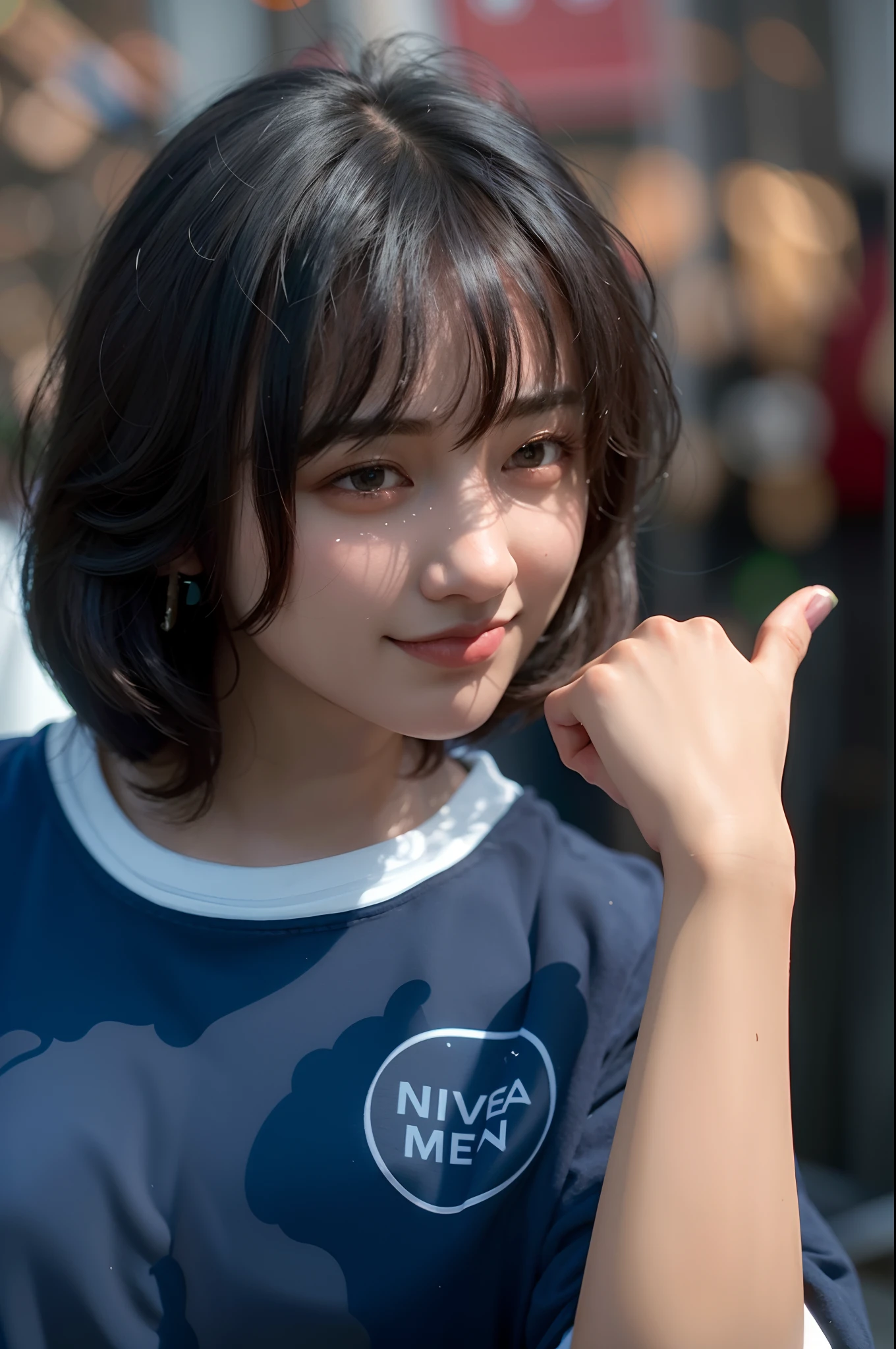 there is a woman with a blue shirt and a white shirt, nivanh chanthara, anime thai girl, proud smirk, chiho, wry smirk, with cute - fine - face, a young asian woman, hana yata, ruan cute vtuber, dilraba dilmurat, with index finger, the hime cut