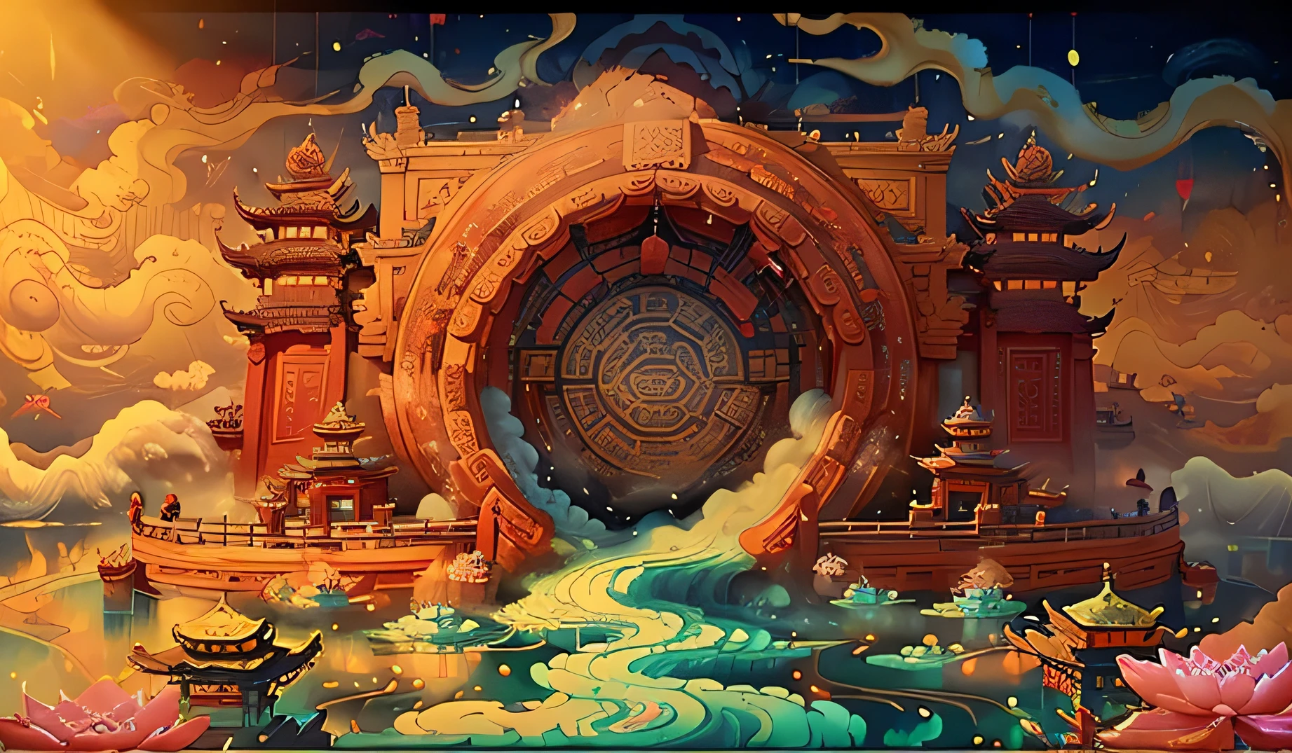The game scene, the ancient Chinese palace is located above the clouds, surrounded by clouds and mist, majestic, glazed tiles, Buddha statues, lanterns, brilliant colors, hot springs, lotus, water vapor ((color ink)), ((splash ink)), ((splash ink ) ink } )), masterpiece, high quality, beautiful graphics, high detail