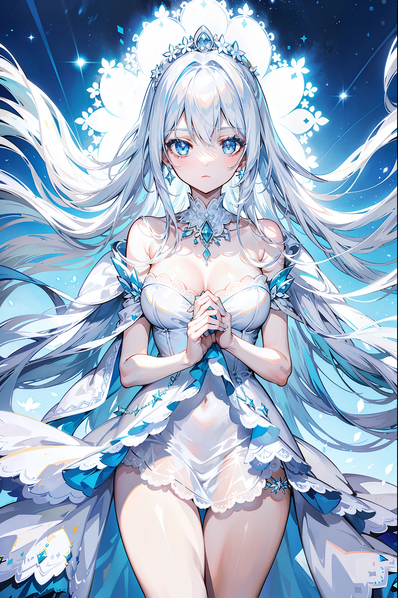 Long light blue and white hair,A silver necklace that shines like a star,Delicate makeup and glossy face,Slim and smooth legs,is a sweet girl,white wedding gown,Lace,
