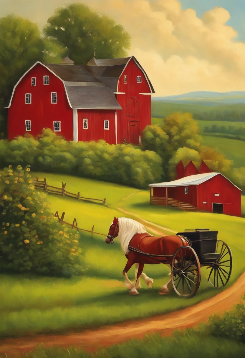 a painting of a farm scene with a red house and a horse drawn carriage, rural splendor, bucolic, whimsical art, countryside, on a farm, mixed art, naive art, american scene painting, next to a red barn, folk art, in the countryside, summer afternoon, magical scene