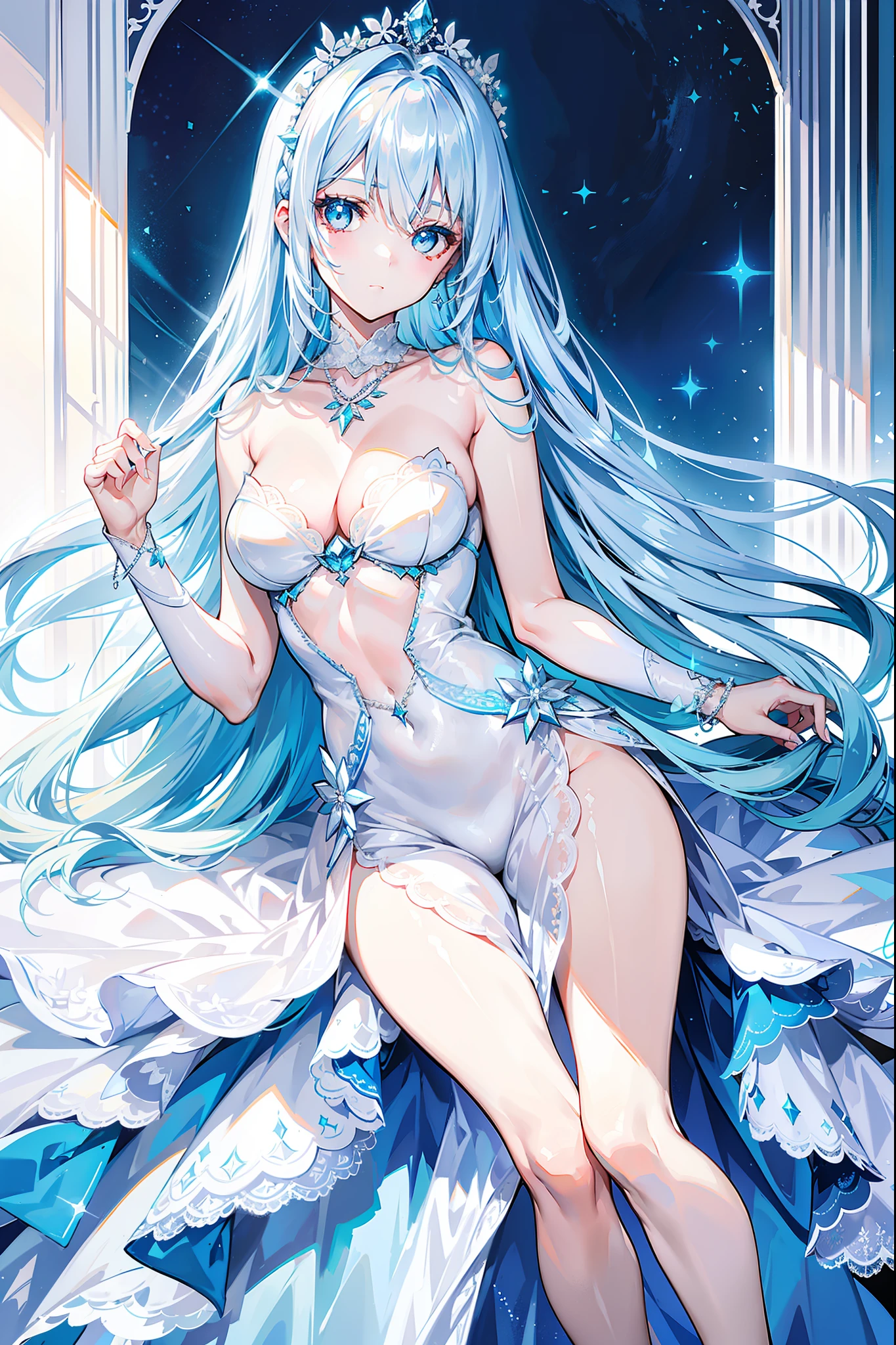 Long light blue and white hair，A silver necklace that shines like a star，Delicate makeup and glossy face，Slim and smooth legs，is a sweet girl，white wedding gown，Lace，