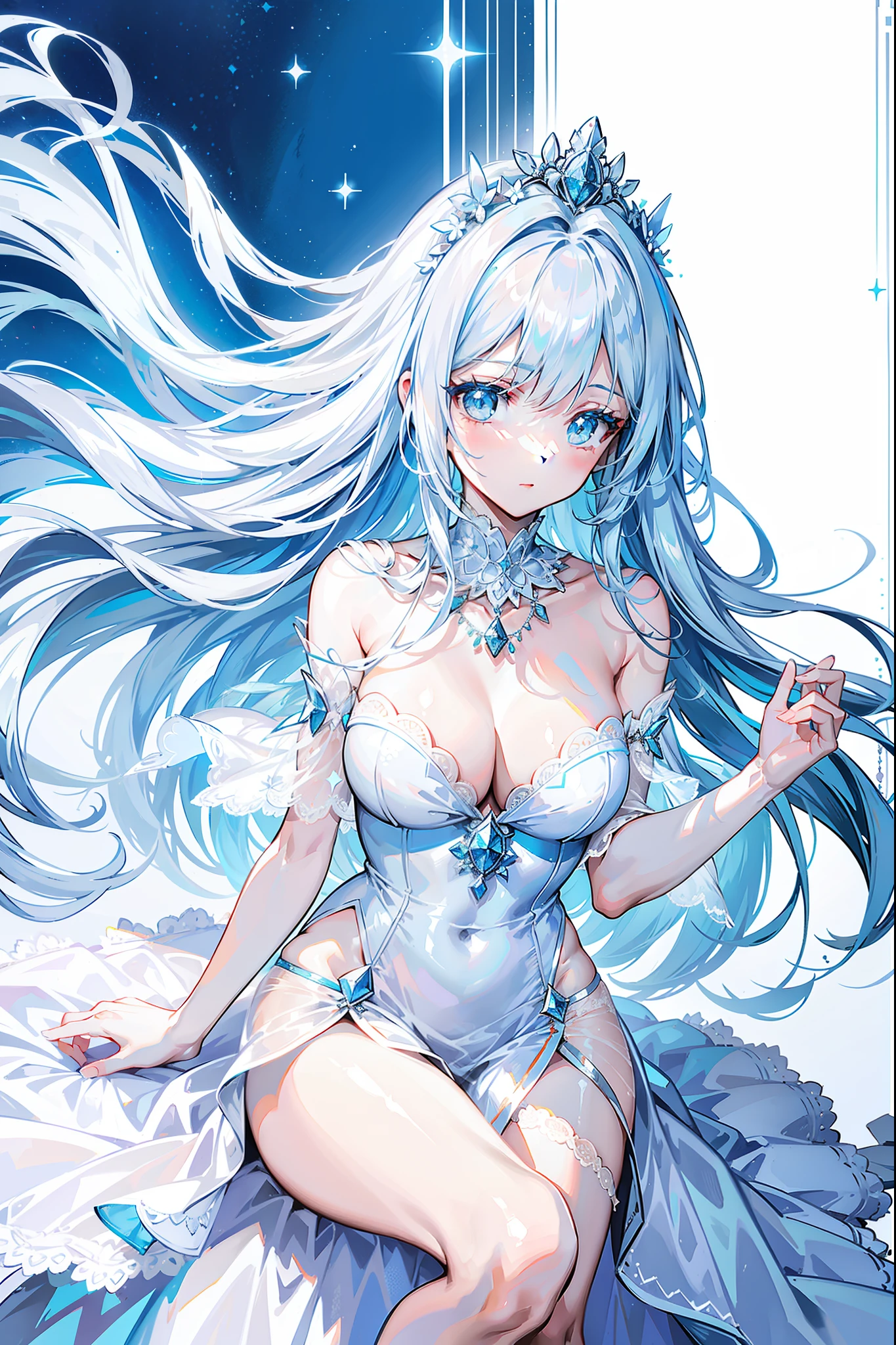 Long light blue and white hair，A silver necklace that shines like a star，Delicate makeup and glossy face，Slim and smooth legs，is a sweet girl，white wedding gown，Lace，