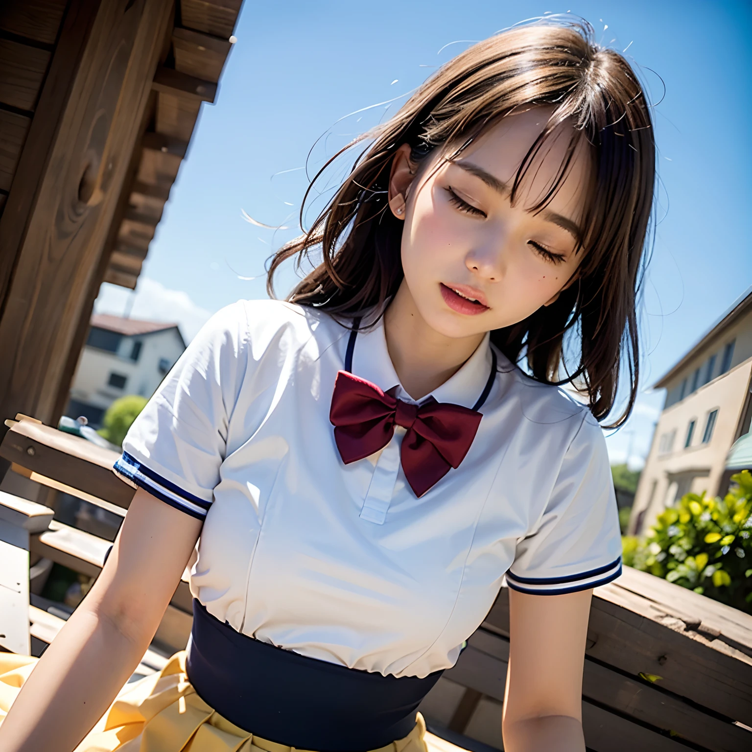 Top Quality, Ultra High Resolution, Cosplay Photo (Photorealistic: 1.4)
(1 girl in Japan), schoolgirl, idol,
((ponytail)), gray hair ribbon, floating hair 
big eyes, light smile, 
Sailor uniform school uniform, black skirt, pleated skirt, ((sailor color)), white shirt, short sleeves, black tie, floating skirt, black thigh high high socks,
garden background, sunlight, wind,