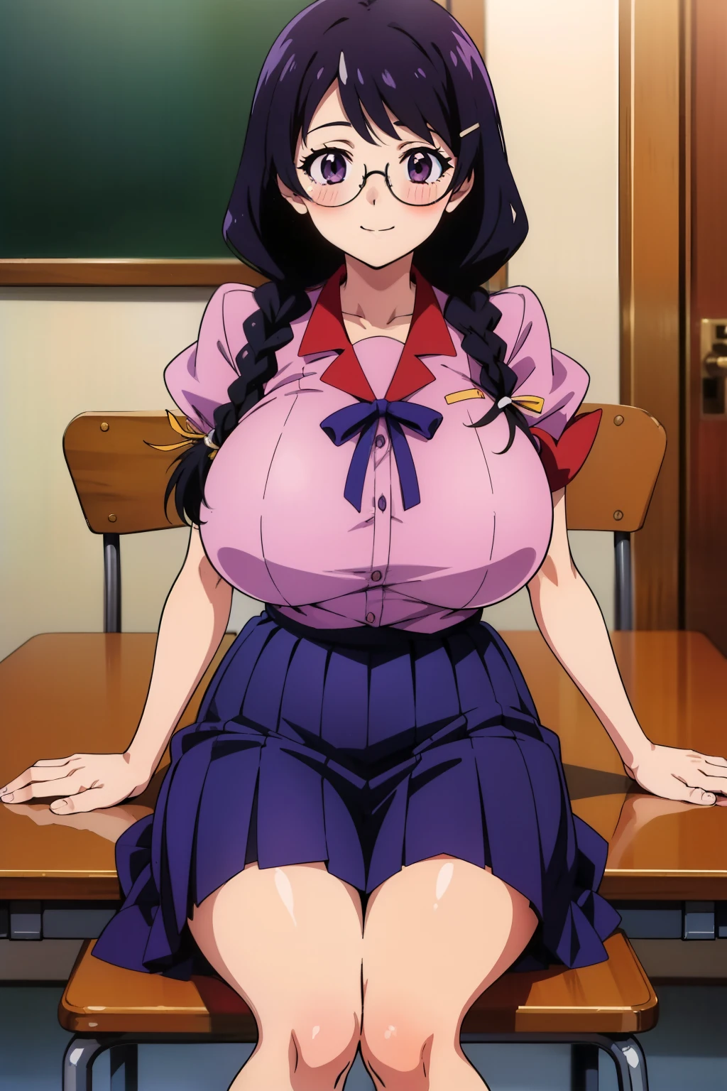 1990s anime cels style, 1990s manga style, best quality, high resolution, 1girl, (huge breasts:1.2), school uniform, skirt, school, blush, smile,  closed mouth, sitting, chair, hanekawa tsubasa, long hair, black hair, hair ornament, (purple eyes:1.1), braid, hairclip, twin braids, glasses,