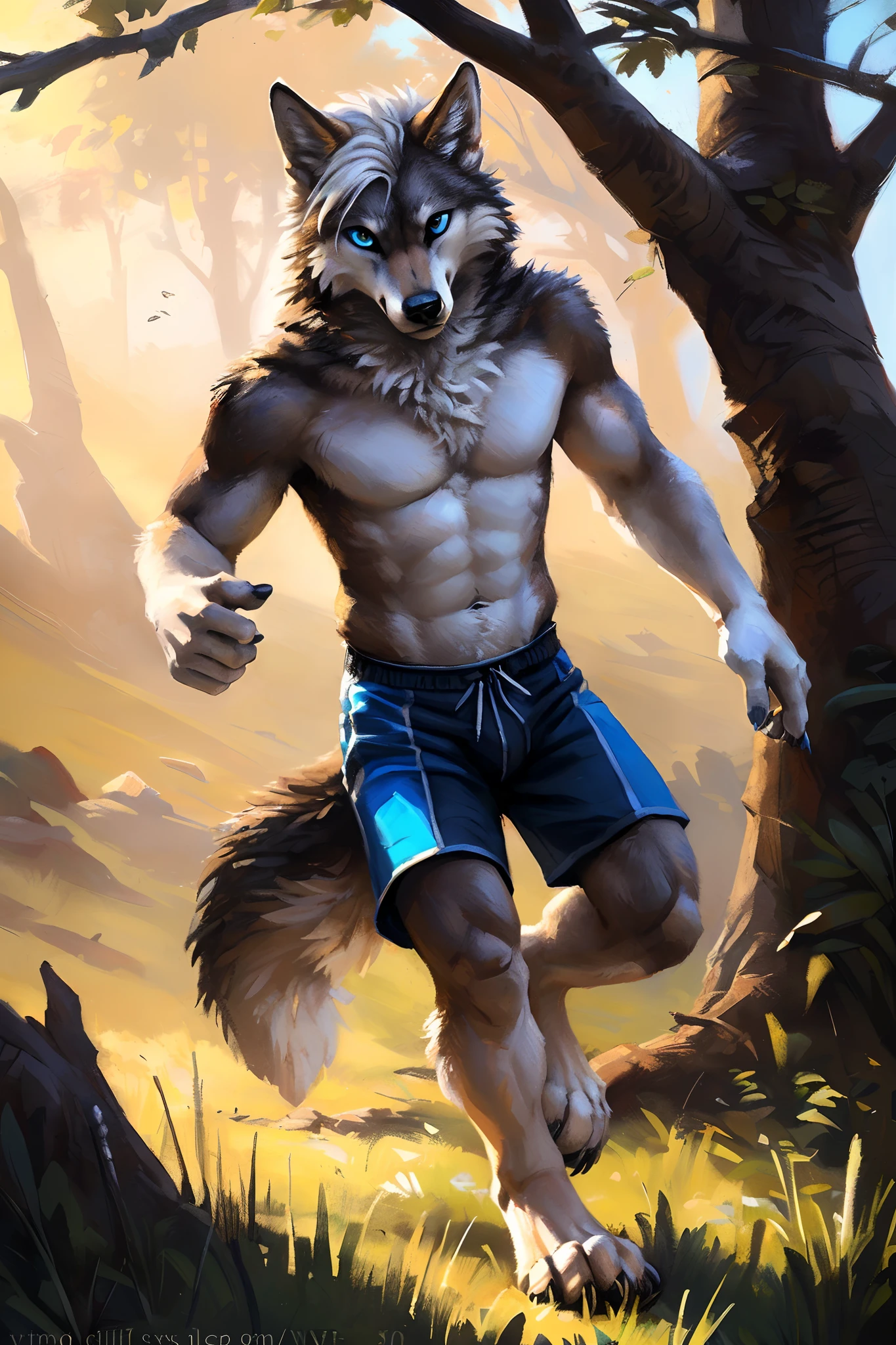 ((Solo)), male people, anthro wolf, (Multi-colored fur, White-brown:1.3,White tail pointed), ((Wolf face, White hair, Big eyes, White eyelids, Blue pupil, Slim:1.2) (Tough, Calm expression:1.2)), Abs, Slim, pinging)), (Correct anatomy), (Work shorts:1.1), (Contour bone:1.2), The upper body is naked, (detailed outfits),A big tail,Feet,(Realistic fur, Detailed fur texture, labeled:1.3)), (Natural lighting), Photorealistic, Hyperrealistic, ultradetailed, by Kenket,Endless grasslands,No artificiality,erect through,Running on