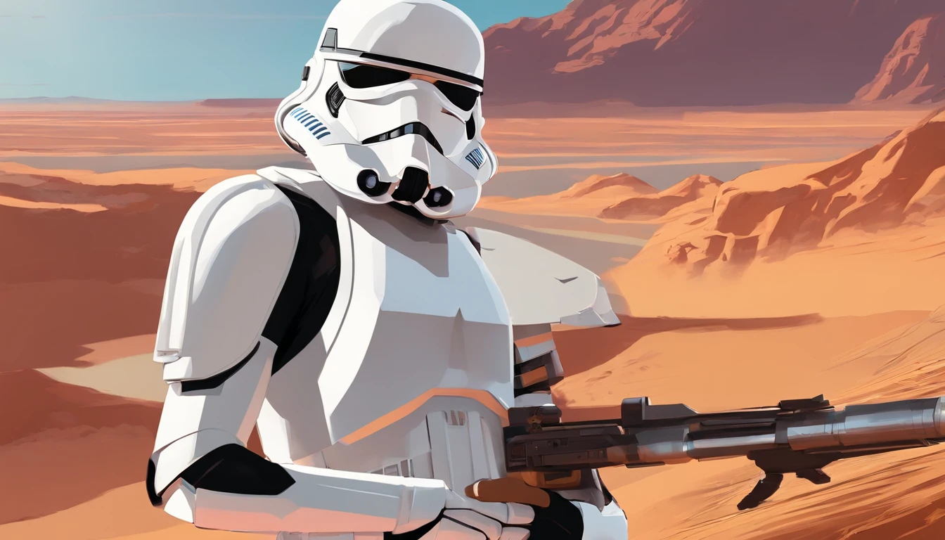 Close-up of a female Imperial stormtrooper against the backdrop of the desert, based on concept art by Magalie Villeneuve, trending on cg society, AB """Star Wars"": The Old Republic", influenced by Ralph McQuarrie's concept art. The stormtrooper has a strong and confident expression on his face, emphasizing detailed facial features, such as beautiful detailed eyes, detailed lips, and extremely detailed eyes and face. She is dressed in the traditional white armor of a stormtrooper, With a sleek and futuristic design. Combining illustration elements, 3D Rendering, and photography, The result is a visually stunning and immersive piece. The colors and lighting are bright and dynamic, Enhancing the overall atmosphere of the artwork. Image quality is paramount, With the best quality, 4K or 8K resolution, hight resolution, And a masterpiece:1.2, which makes it a true masterpiece in terms of quality and detail.