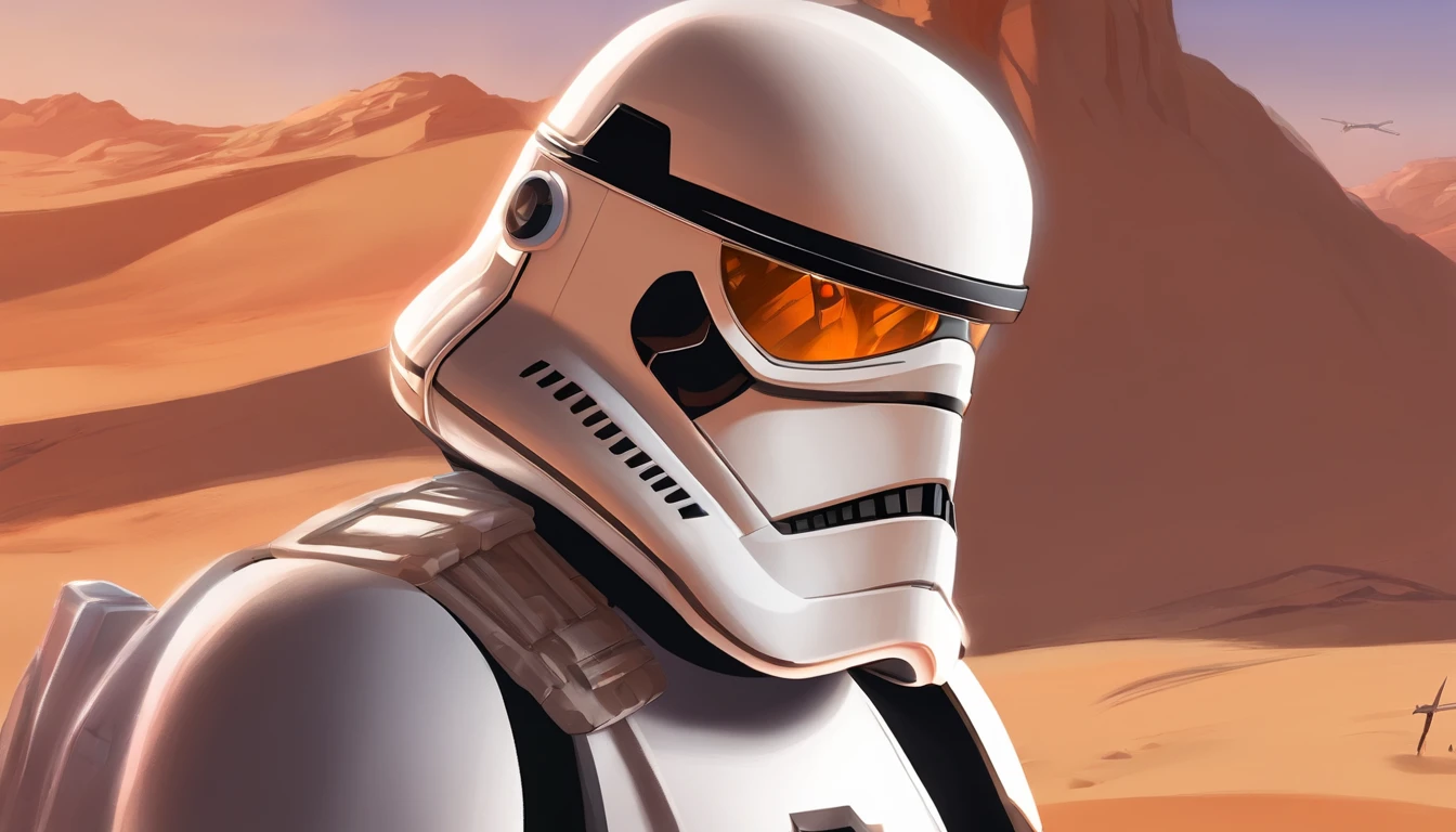 Close-up of a female Imperial stormtrooper against the backdrop of the desert, based on concept art by Magalie Villeneuve, trending on cg society, AB """Star Wars"": The Old Republic", influenced by Ralph McQuarrie's concept art. The stormtrooper has a strong and confident expression on his face, emphasizing detailed facial features, such as beautiful detailed eyes, detailed lips, and extremely detailed eyes and face. She is dressed in the traditional white armor of a stormtrooper, With a sleek and futuristic design.  Combining illustration elements, 3D Rendering, and photography, The result is a visually stunning and immersive piece. The colors and lighting are bright and dynamic, Enhancing the overall atmosphere of the artwork. Image quality is paramount, With the best quality, 4K or 8K resolution, hight resolution, And a masterpiece:1.2, which makes it a true masterpiece in terms of quality and detail.