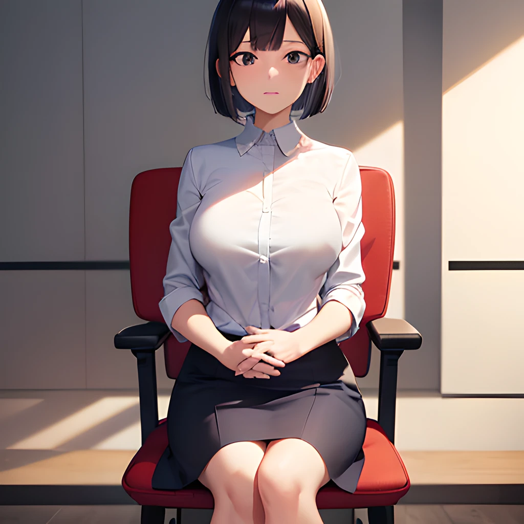 (masutepiece, Highest Quality), High resolution, (Illustration 1.3), 35 year old person sitting on a chair, A MILF, medium breasts, Black Bob Cut, Nervous, Looking at the camera, Inside the meeting room, White blouse, Blue skirt, Being interviewed, (sit a chair:1.3)