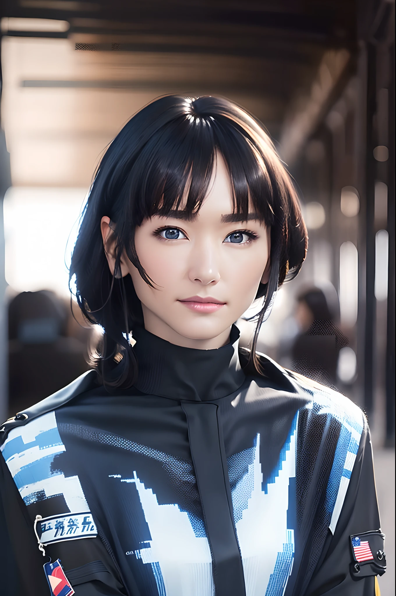 (Highest resolution, distinct_image), Best quality, Masterpiece, Highly detailed, Half realistic, A woman with black shoulder-length hair, Black pupils, mature, Mature woman, Imperial sister, Sexy, Short hair, Three bangs, Light blue uniform, Light blue uniform jacket, soldier, Light blue pleated skirt, army suit, Fighter front, future, Science fiction, Universe