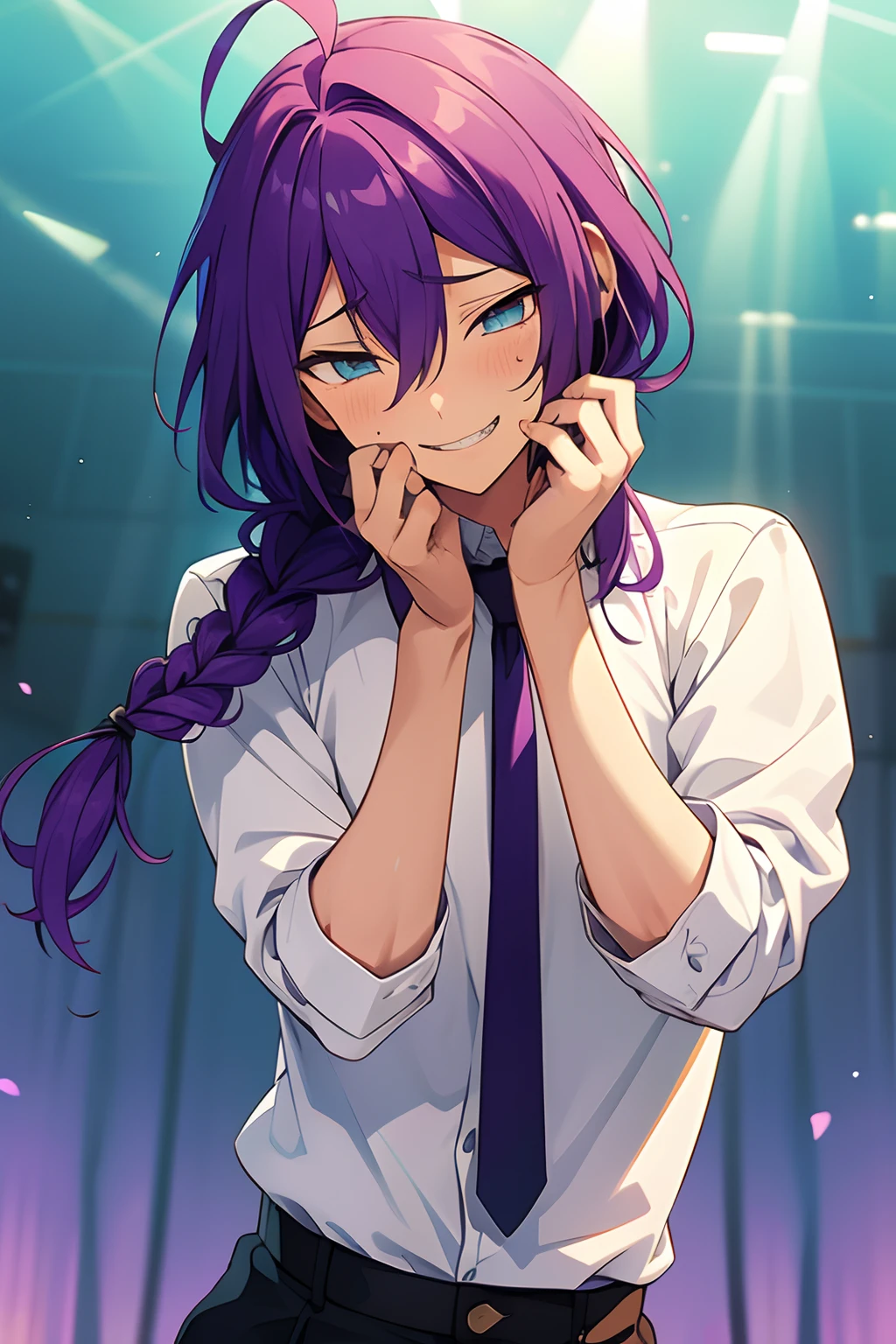 long hair, mole under mouth, purple hair, single braid, hair between eyes, aqua eyes, sharp teeth, ahoge, 1boy, blush, smile, cowboy shot, white shirt, necktie