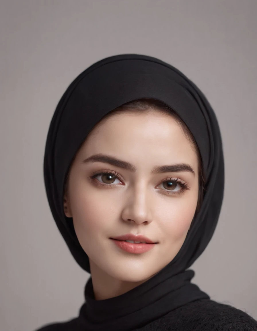 ((Side view)),(Masterpiece:1.3), (8K, Photorealistic, RAW photo, Best quality: 1.4), hijabi, dark background ,Kaihuai, Be happy, Show your teeth,(1girll), Beautiful face, (Realistic face), (Black hair, Short hair:1.3), Beautiful hairstyle, Realistic eyes, Beautiful detailed eyes, (Realistic skin), Beautiful skin, (Black sweater), absurderes, Attractive, 超高分辨率, Ultra photo realsisim, Highly detailed, Golden ratio