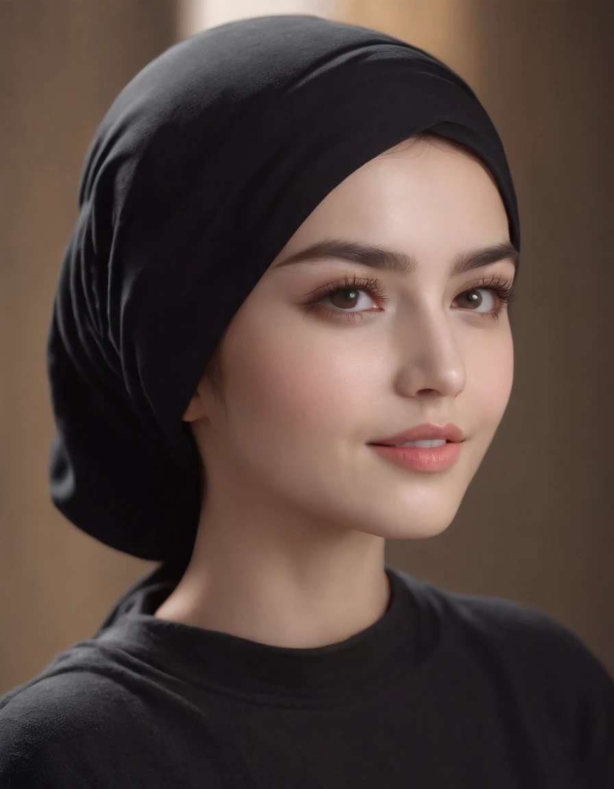 ((Side view)),(Masterpiece:1.3), (8K, Photorealistic, RAW photo, Best quality: 1.4), hijabi, dark background ,Kaihuai, Be happy, Show your teeth,(1girll), Beautiful face, (Realistic face), (Black hair, Short hair:1.3), Beautiful hairstyle, Realistic eyes, Beautiful detailed eyes, (Realistic skin), Beautiful skin, (Black sweater), absurderes, Attractive, 超高分辨率, Ultra photo realsisim, Highly detailed, Golden ratio