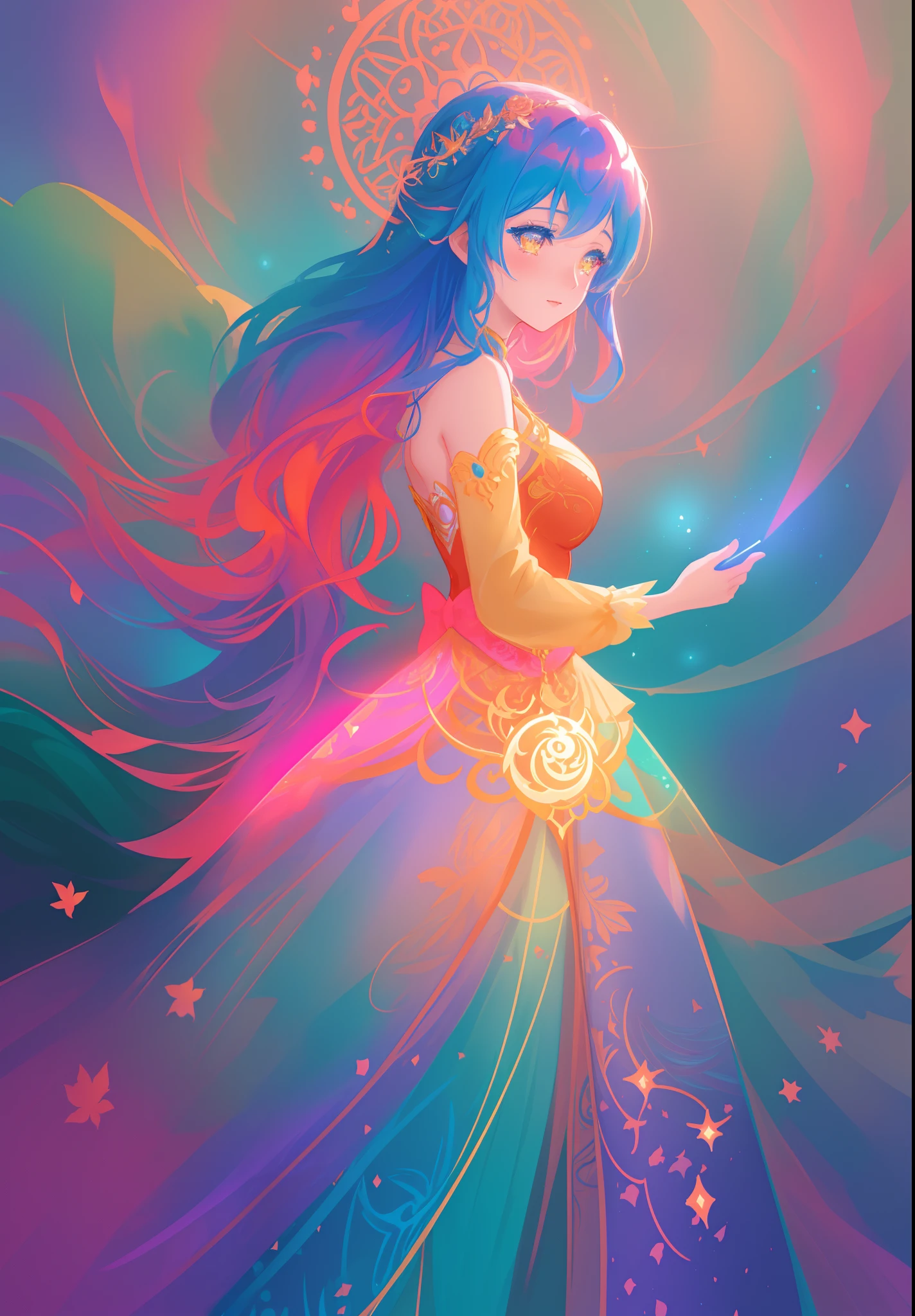 beautiful anime girl in an intricately designed layered ballgown, ((colorful)), flowing long sleeves, beautiful round face features, delicate face, young beautiful girl, flowing gown, inspired by Glen Keane, inspired by Lois van Baarle, disney art style, by Lois van Baarle, glowing aura around her, by Glen Keane, jen bartel, glowing lights! digital painting, flowing glowing hair, glowing flowing hair, beautiful digital illustration, fantasia background, whimsical, magical, fantasy, beautiful face, ((masterpiece, best quality)), intricate details, highly detailed, sharp focus, 8k resolution, sparkling detailed eyes, liquid watercolor