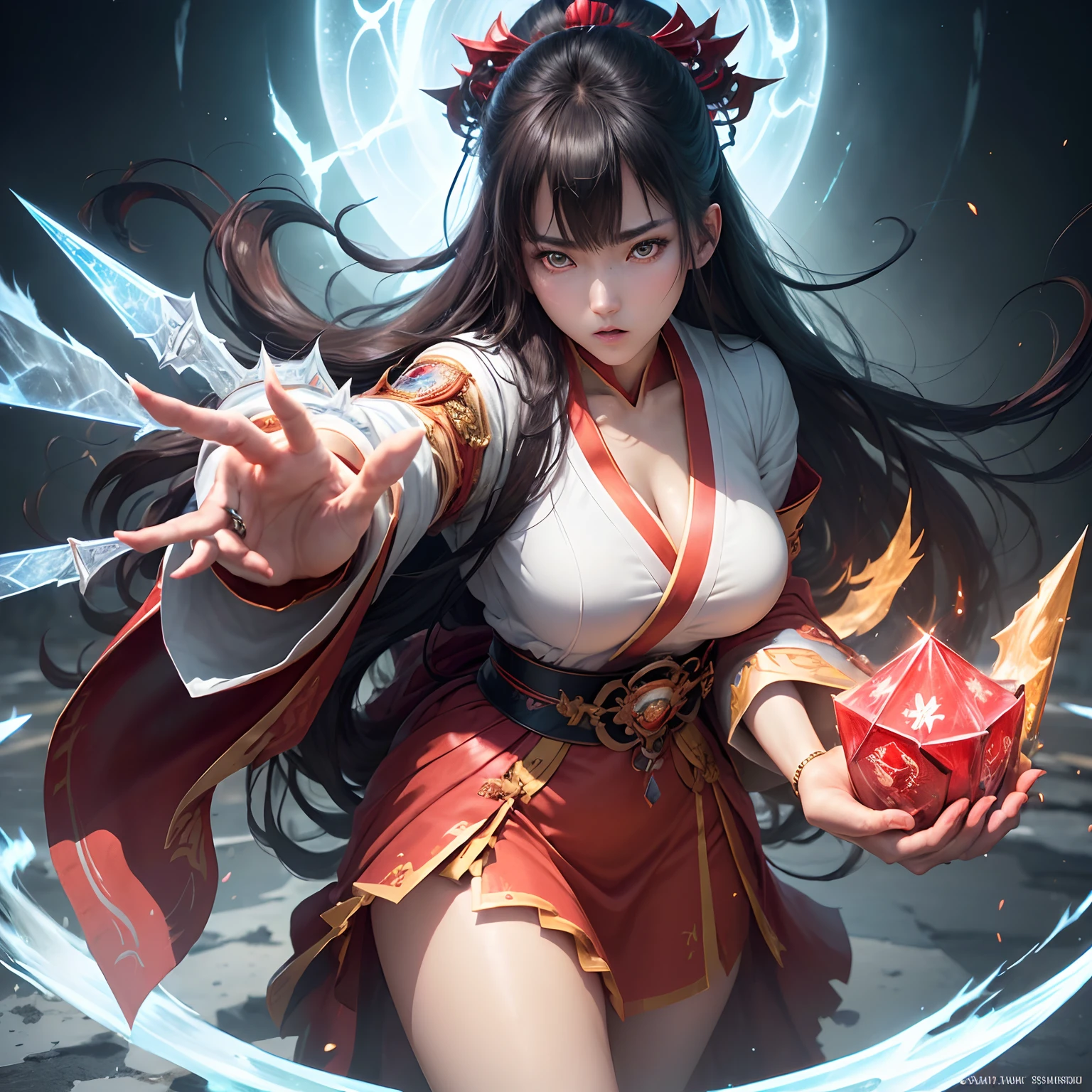 Anime woman kneeling on blanket, concept-art:Hero, Trend of CGsociety, Fantasy art, Guviz-style artwork, Guviz, Smooth anime CG art, Keqing from Genshin Impact, Ruan Jia and Artgerm, full-body xianxia, flowing magical robe