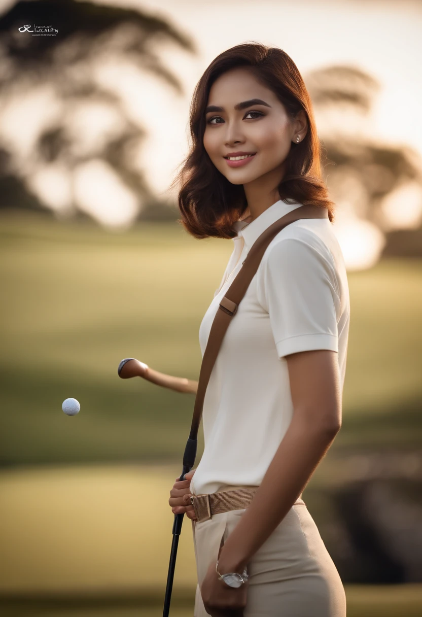 ((Best quality, 8k, Masterpiece :1.3)), indonesian girl, smiling, full body, slim face, 20 years old, Pretty girl, (Dark hair), beautiful golf outfit :1.1, Ultra-detailed face, Detailed eyes, Double eyelid, Highlight a woman standing on the golf course, dressed in a . The image is truly captivating and inspiring, CANDID
