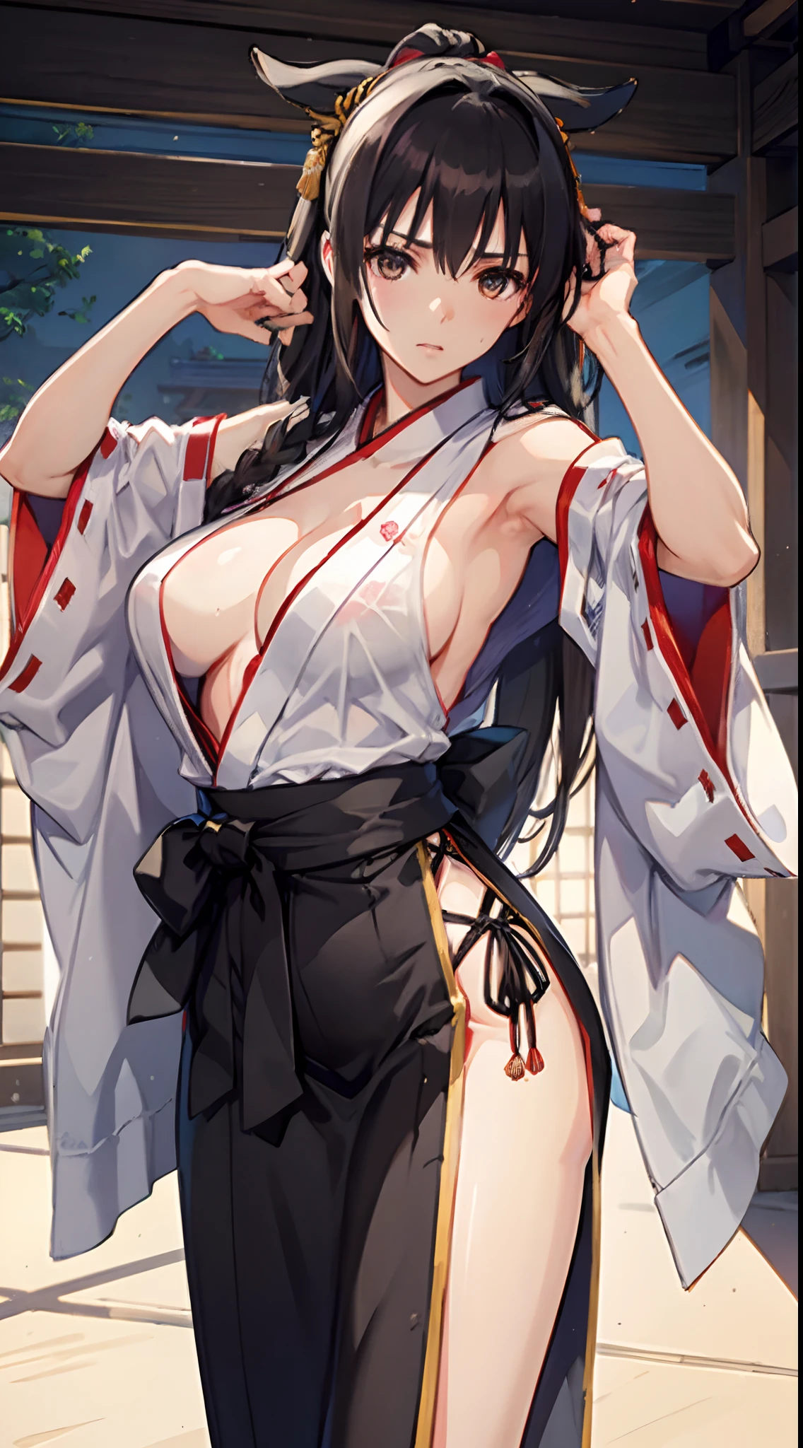 ((slanted eye)),(A MILF),(((maturefemale,adult woman))),Solo,masutepiece,top-quality, ultra-definition, max resolution, A highly detailed, ((White Doshi,Black Hakama,KENDOU)),A Japanese style,dojo,Beautiful black hair、Black eyes,Tying hair,Holding a sword,Swinging a wooden sword,Sweating,Front view