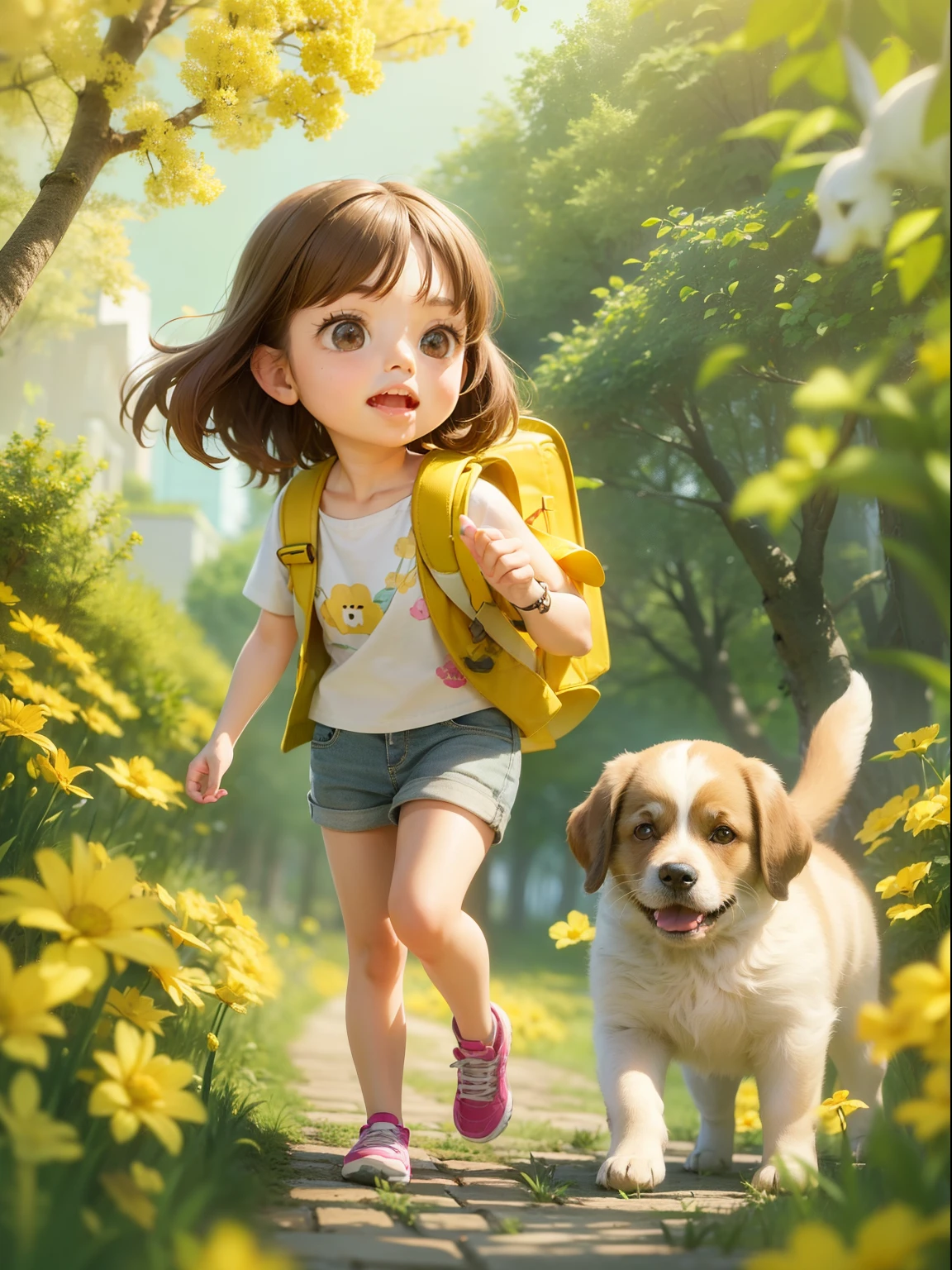 A very adorable little girl with a backpack and her cute puppy enjoying a beautiful spring walk surrounded by beautiful yellow flowers and nature. The illustration is a high-definition illustration in 4K resolution with very detailed facial features and cartoon-style visuals.