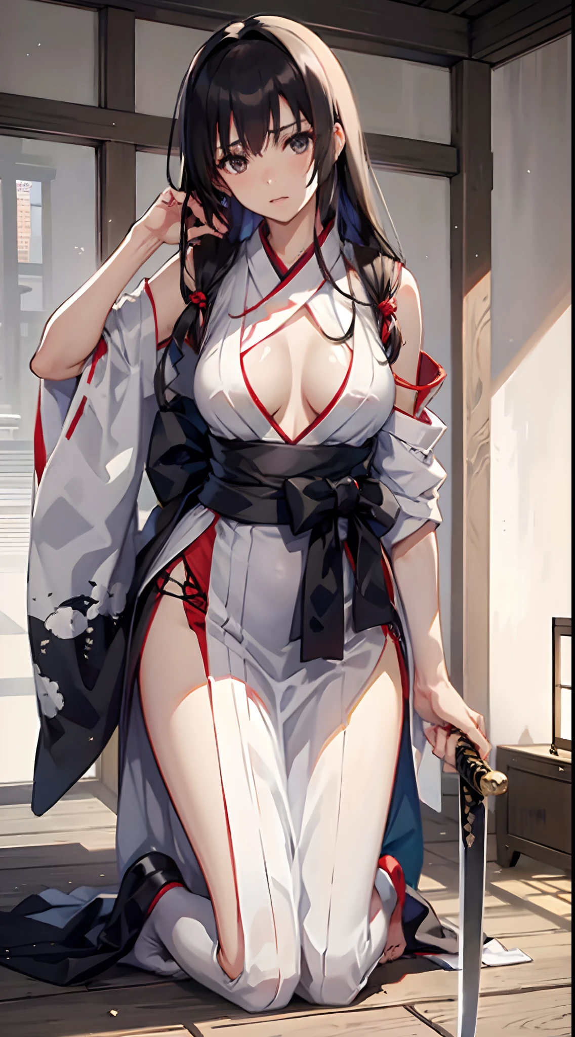((slanted eye)),(A MILF),(((maturefemale,adult woman))),Solo,masutepiece,top-quality, ultra-definition, max resolution, A highly detailed, ((White Doshi,Black Hakama,KENDOU)),A Japanese style,dojo,Beautiful black hair、Black eyes,Tying hair,Holding a sword,Swinging a wooden sword,Sweating,Front view