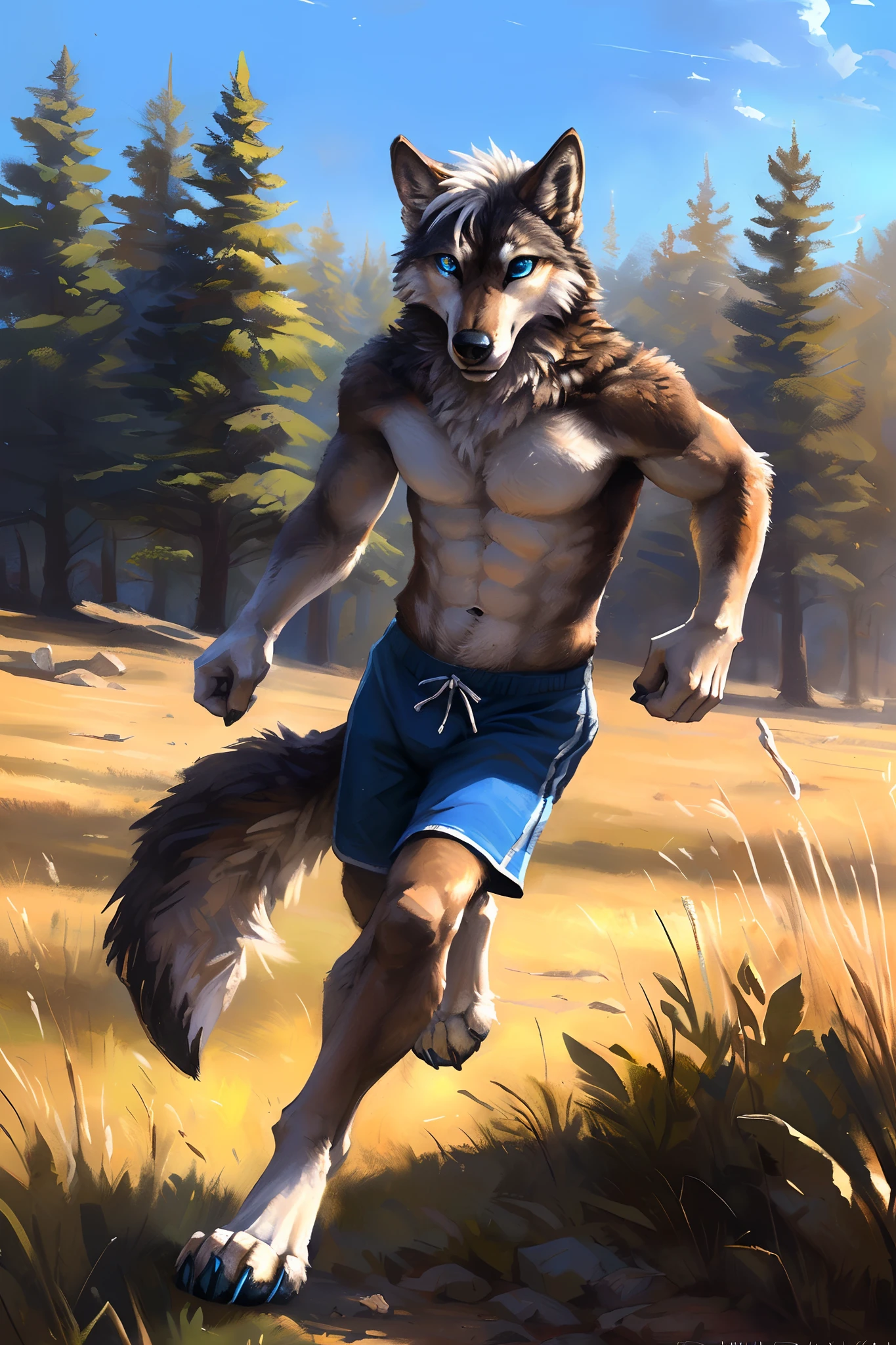 ((Solo)), male people, anthro wolf, (Multi-colored fur, White-brown:1.3,White tail pointed), (Height 2.1m,Tail length 1.2m), ((Wolf face, Big eyes, White eyelids, Blue pupil, Slim:1.2) (Tough, Calm expression:1.2)), Abs, Slim, pinging)), (Correct anatomy), (Work shorts:1.1), The upper body naked, (detailed outfits),A long big tail,Feet,(Realistic fur, Detailed fur texture, labeled:1.3)), (Natural lighting), Photorealistic, Hyperrealistic, ultradetailed, by Kenket,Field,erect through,Running on