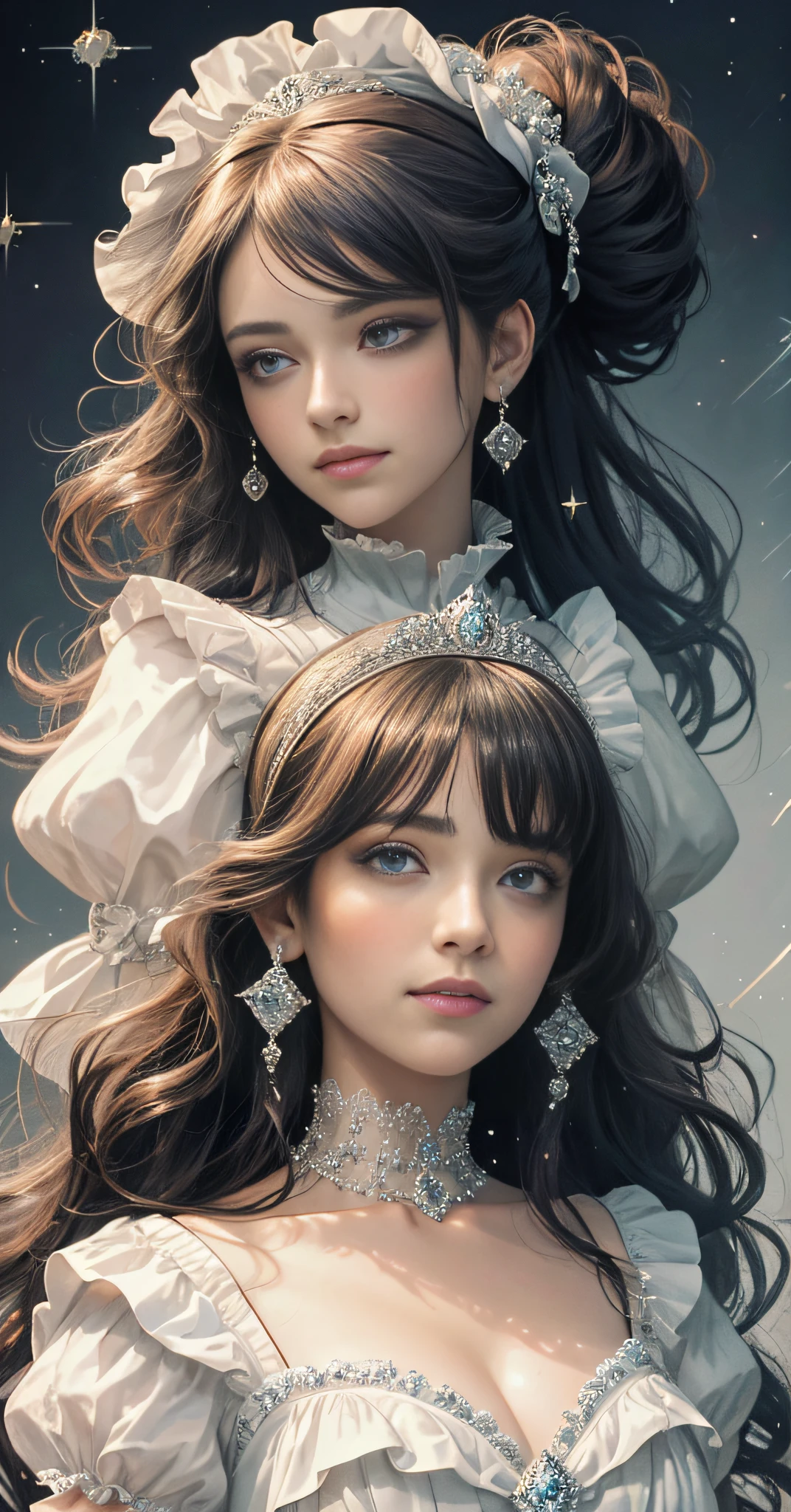 Dramatic composition, Court-style dress, royal, Gorgeous, Cascading frills, Ruffles, the bow, Crystal chandeliers, Roman curly hairstyle, Bonet, Tie-in a double ponytail like a drill, Look at the camera, bangs, Maximalism, Palatial background, Delicate depiction of hair and eyes, Princess dress, Gorgeous dress, Flowers in hand, ssmile, Starry eyes, Cinematic light, Extreme detail, High definition, Happy girl, Very long hair, diamonds, Broken diamonds, Crystal fragments, Light particles