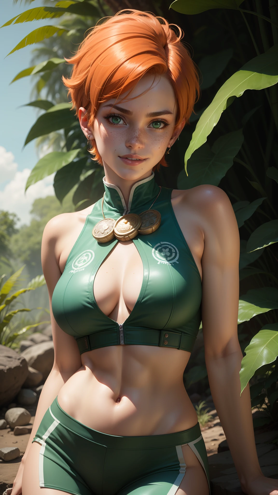 gwen tennyson,tracer,bulma,rebecca chambers,1girl,close up,mayan jungle,aztec clothing,jade head and neck jewelry,short hair,mayan jungle,green eyes,orange hair,shy smile,freckles,redhead,beautiful girl,large breasts,ultra detailed,realistic,fantasy art,